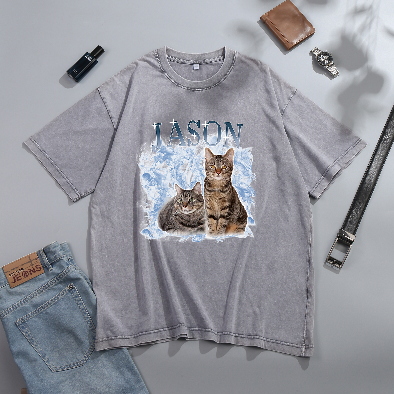 Personalized 1 Name & 2 Photos T-Shirt Custom Pet Short Sleeve Gifts for Him