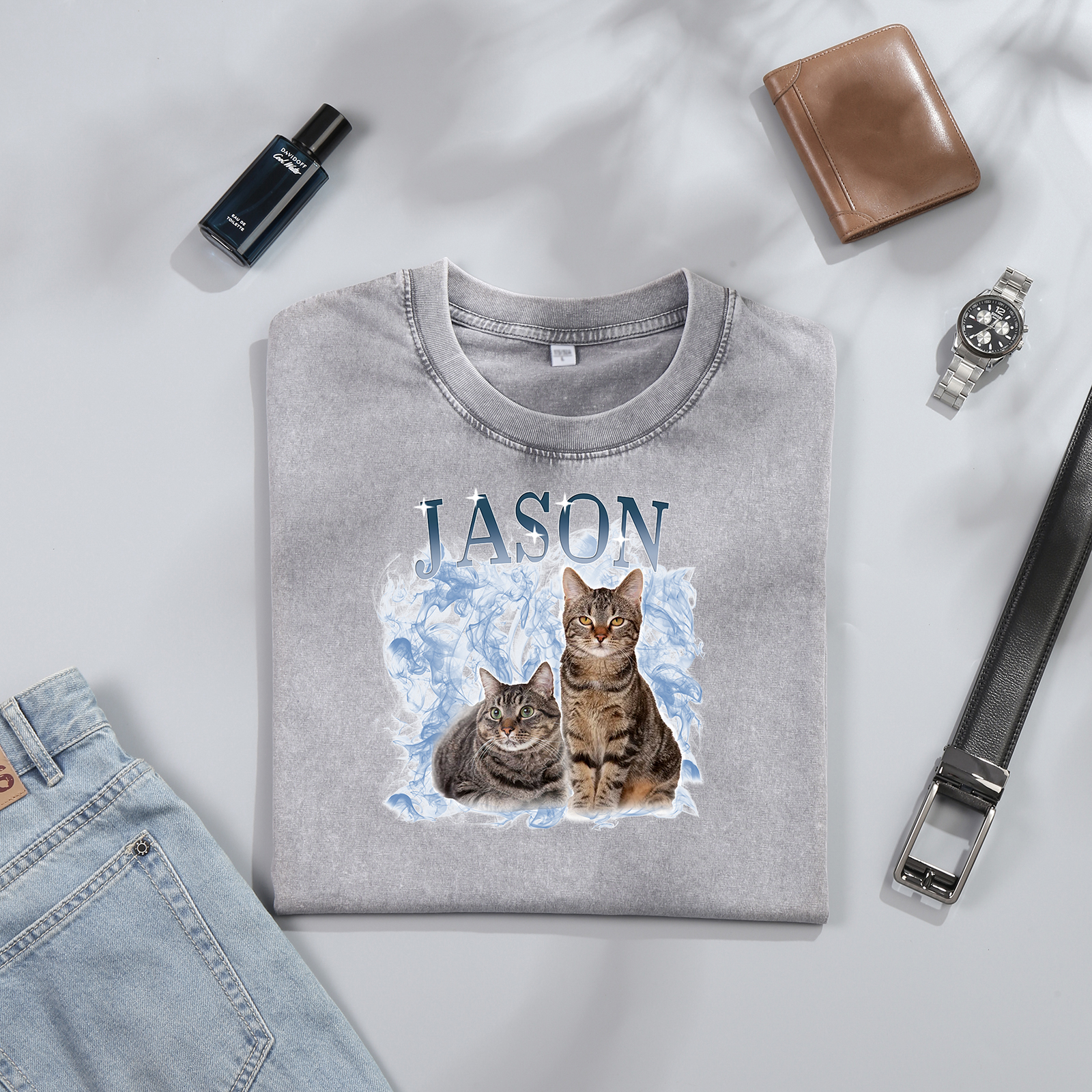 Personalized 1 Name & 2 Photos T-Shirt Custom Pet Short Sleeve Gifts for Him
