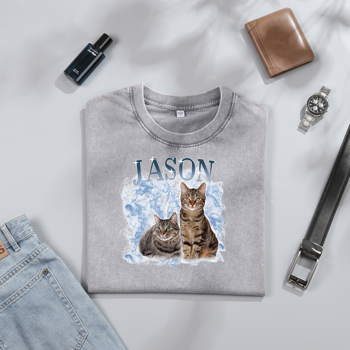 Personalized 1 Name & 2 Photos T-Shirt Custom Pet Short Sleeve Gifts for Him