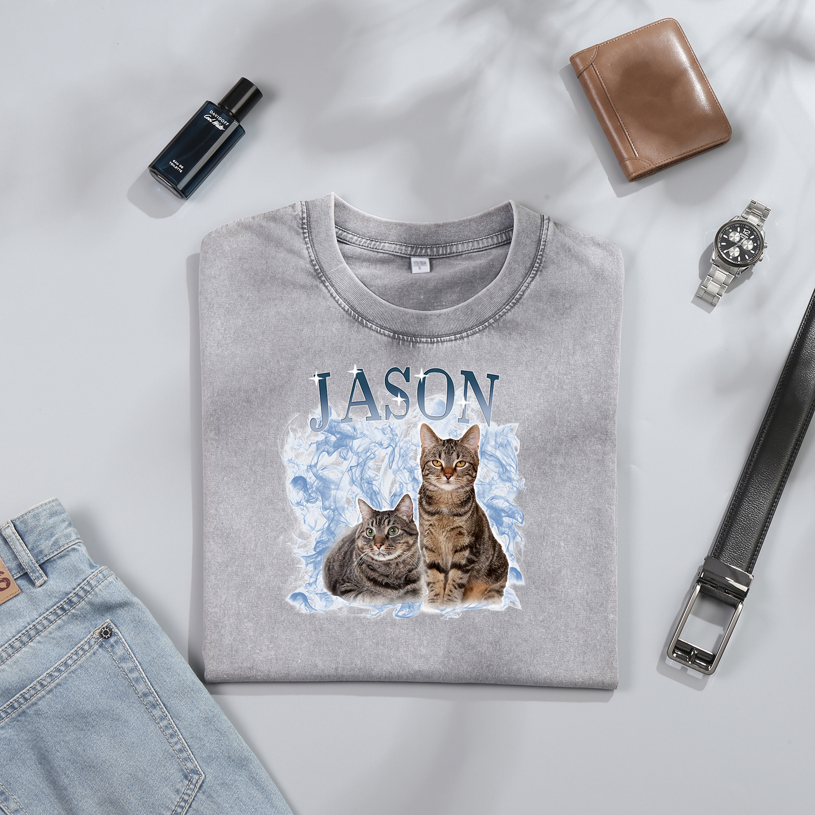 Personalized 1 Name & 2 Photos T-Shirt Custom Pet Short Sleeve Gifts for Him