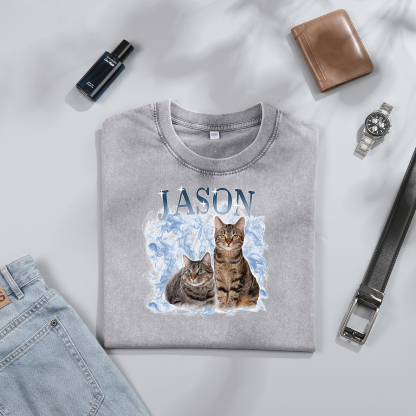 Personalized 1 Name & 2 Photos T-Shirt Custom Pet Short Sleeve Gifts for Him