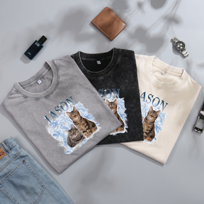 Personalized 1 Name & 2 Photos T-Shirt Custom Pet Short Sleeve Gifts for Him