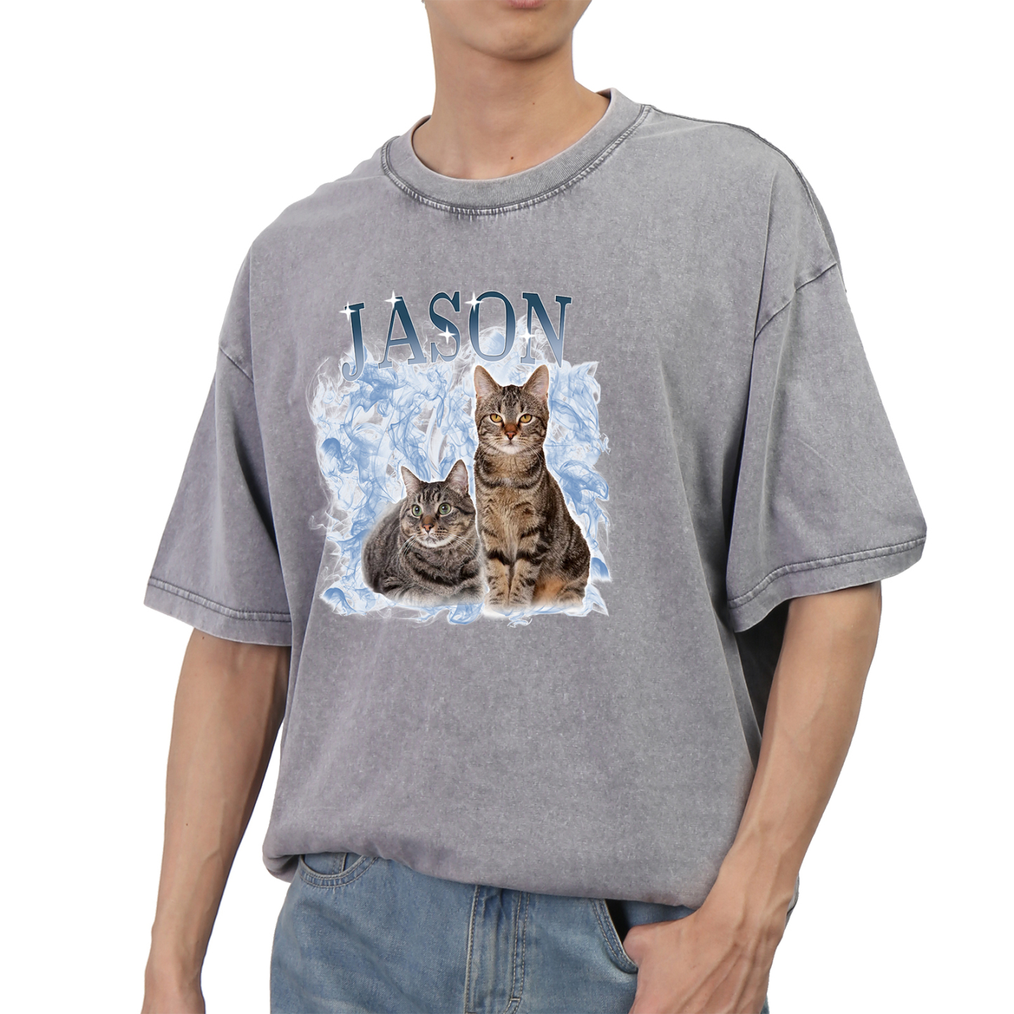 Personalized 1 Name & 2 Photos T-Shirt Custom Pet Short Sleeve Gifts for Him