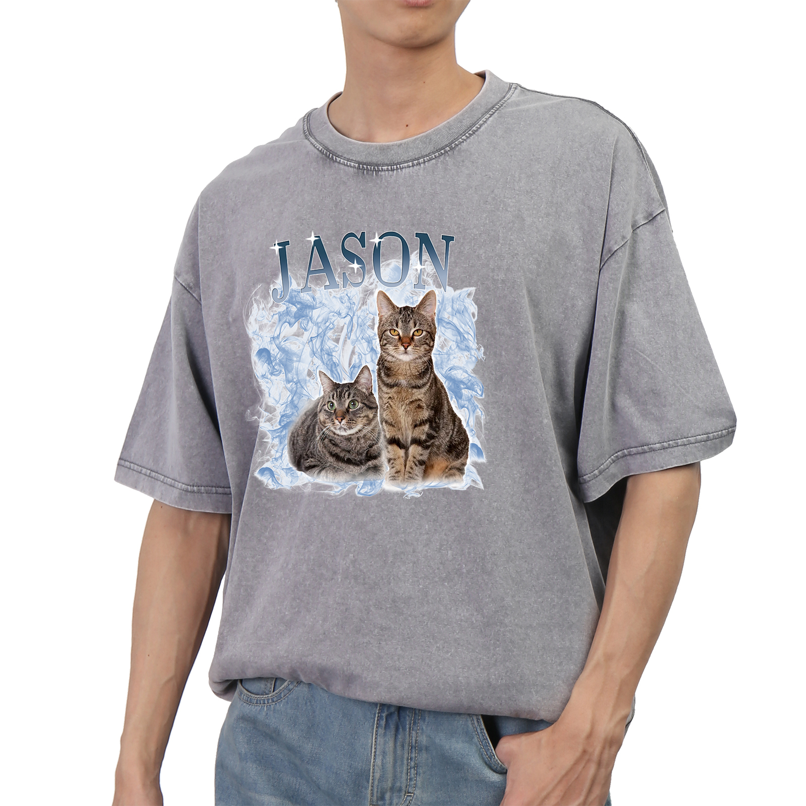 Personalized 1 Name & 2 Photos T-Shirt Custom Pet Short Sleeve Gifts for Him