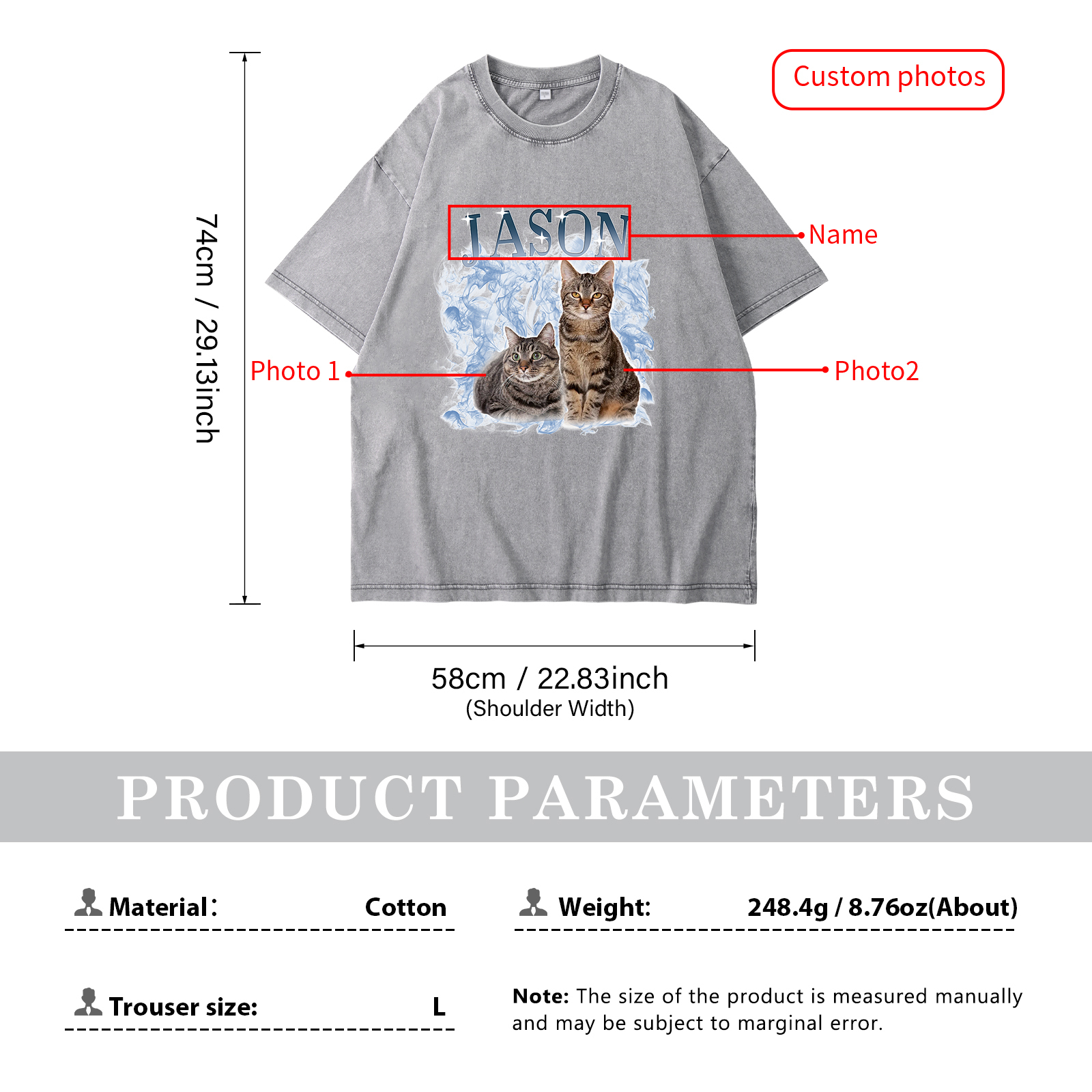 Personalized 1 Name & 2 Photos T-Shirt Custom Pet Short Sleeve Gifts for Him