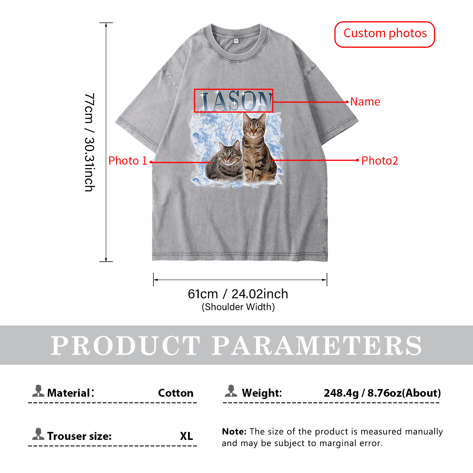 Personalized 1 Name & 2 Photos T-Shirt Custom Pet Short Sleeve Gifts for Him