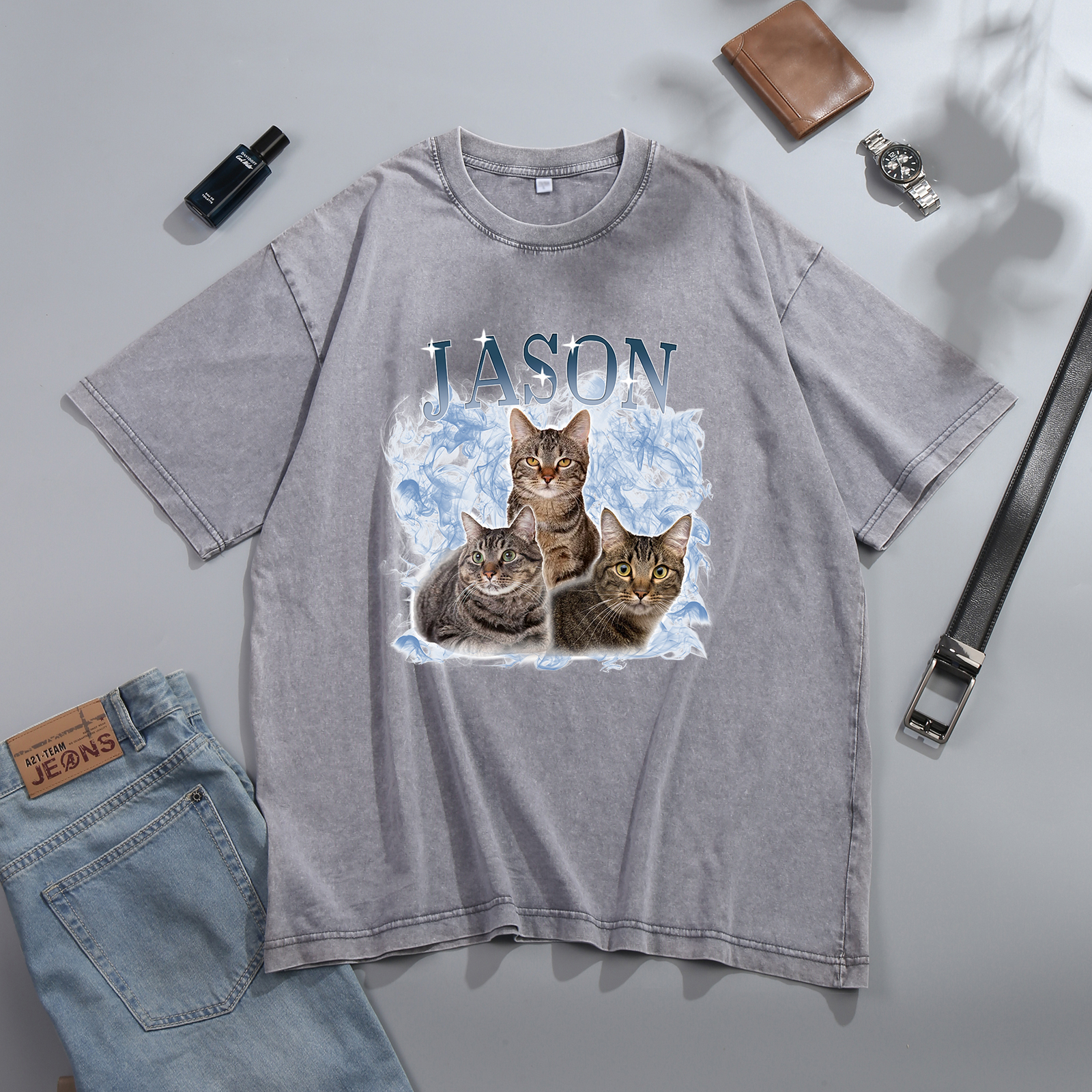Personalized 1 Name & 3 Photos T-Shirt Custom Pet Short Sleeve Gifts for Him