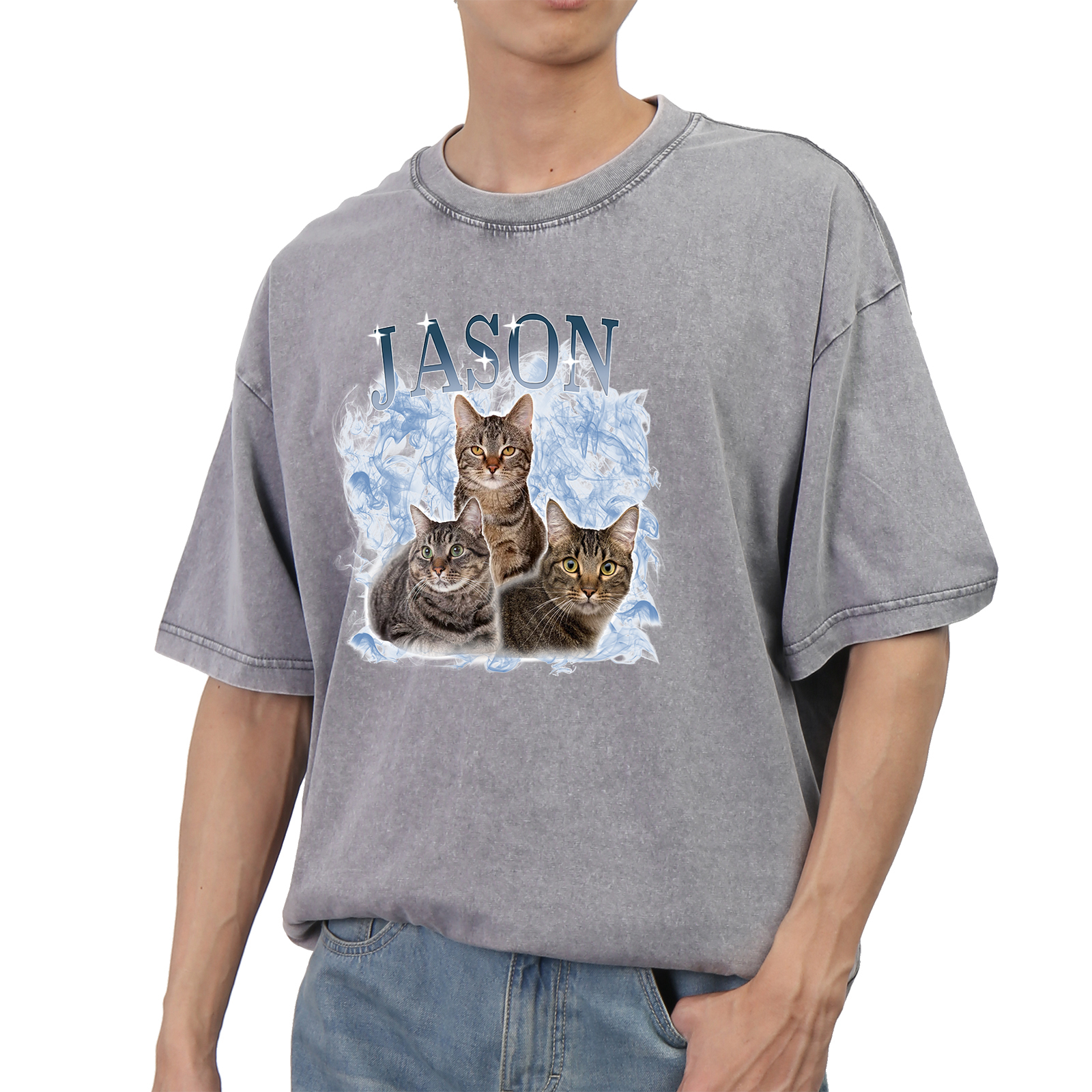 Personalized 1 Name & 3 Photos T-Shirt Custom Pet Short Sleeve Gifts for Him