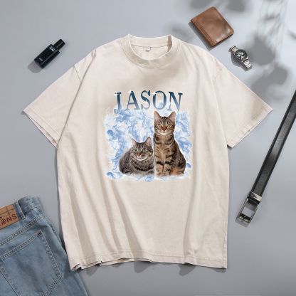 Personalized 1 Name & 2 Photos T-Shirt Custom Pet Short Sleeve Gifts for Him