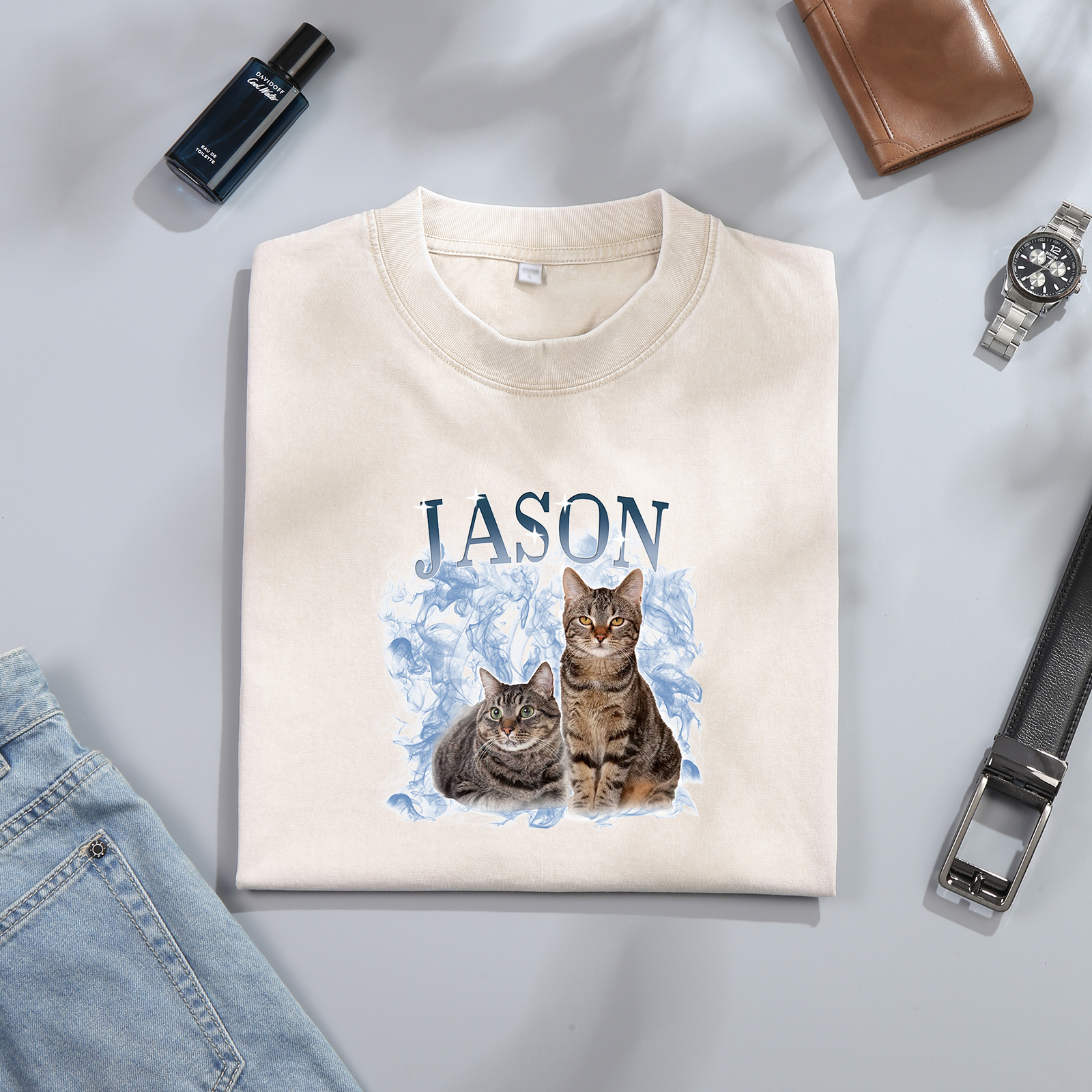 Personalized 1 Name & 2 Photos T-Shirt Custom Pet Short Sleeve Gifts for Him