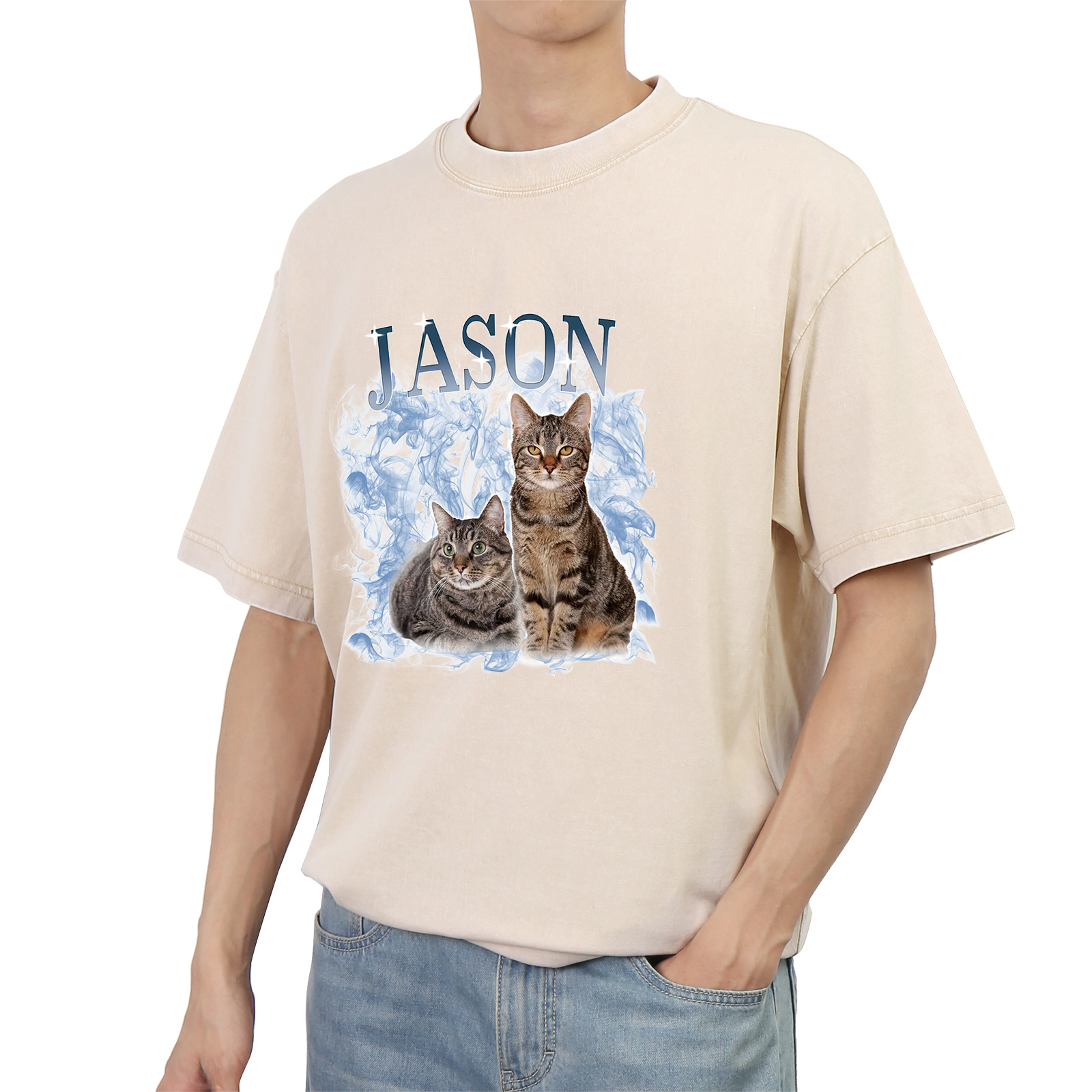 Personalized 1 Name & 2 Photos T-Shirt Custom Pet Short Sleeve Gifts for Him