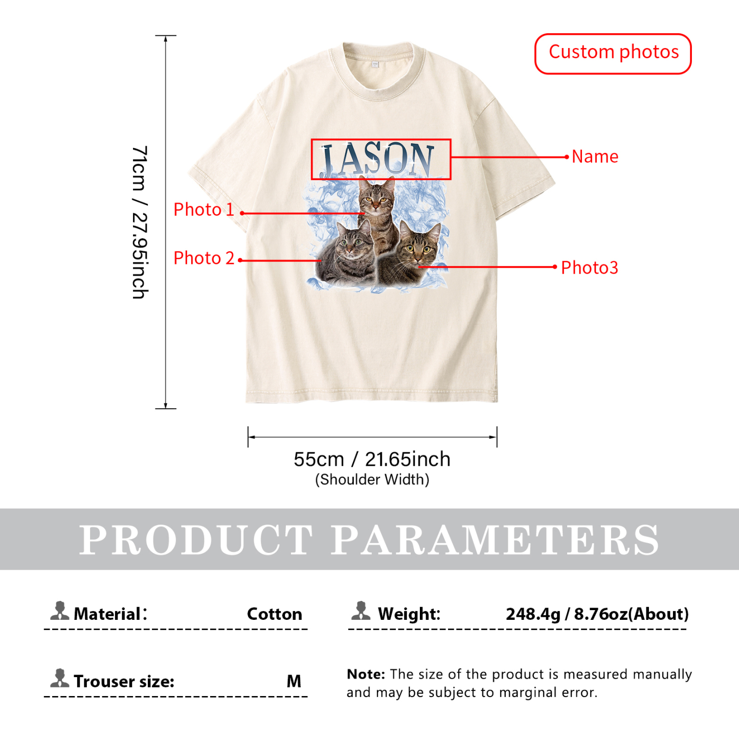 Personalized 1 Name & 3 Photos T-Shirt Custom Pet Short Sleeve Gifts for Him