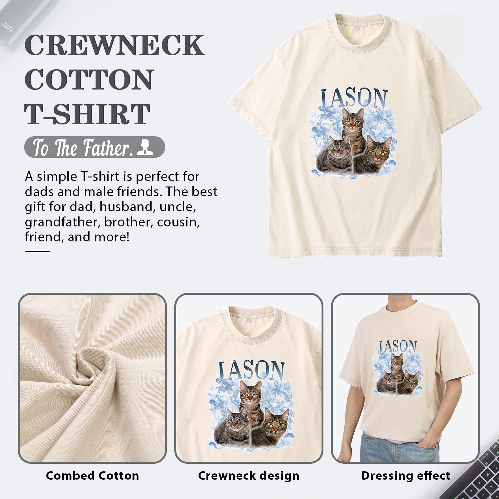 Personalized 1 Name & 3 Photos T-Shirt Custom Pet Short Sleeve Gifts for Him