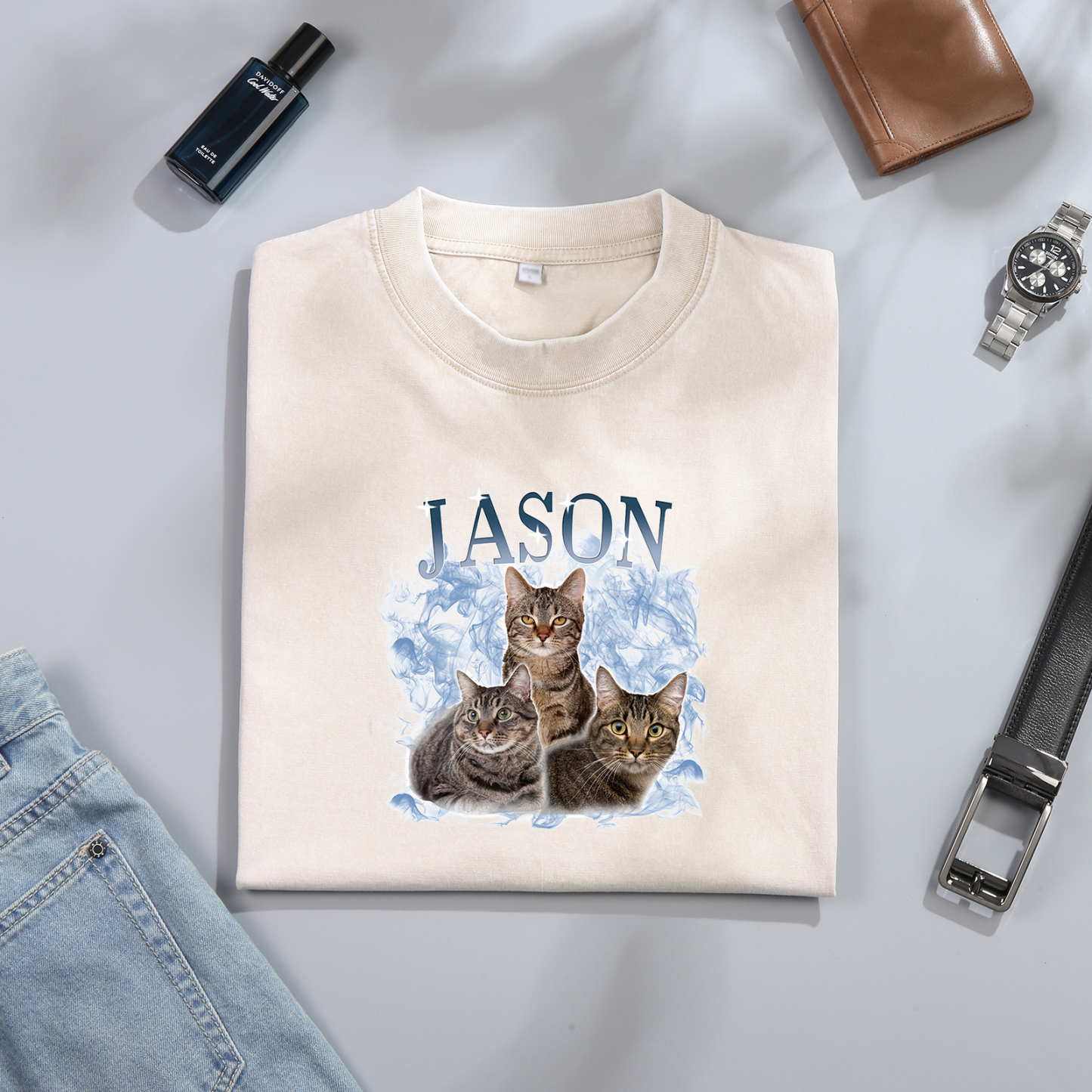 Personalized 1 Name & 3 Photos T-Shirt Custom Pet Short Sleeve Gifts for Him