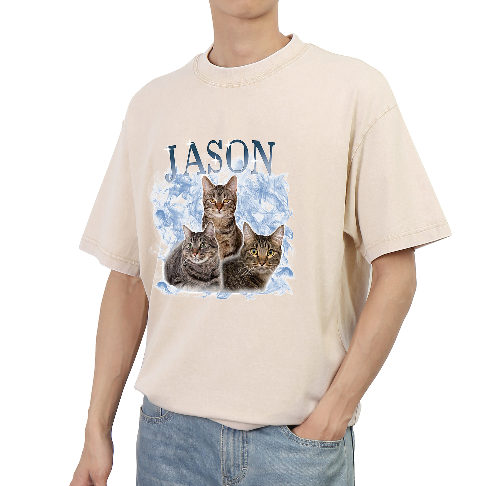 Personalized 1 Name & 3 Photos T-Shirt Custom Pet Short Sleeve Gifts for Him