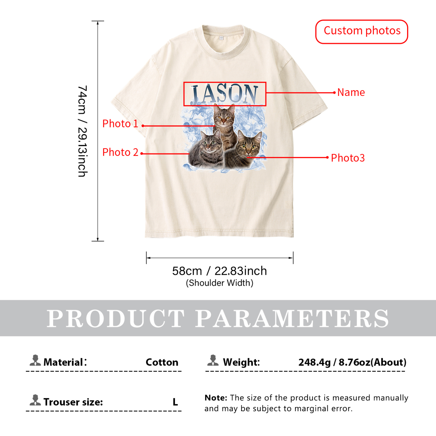 Personalized 1 Name & 3 Photos T-Shirt Custom Pet Short Sleeve Gifts for Him