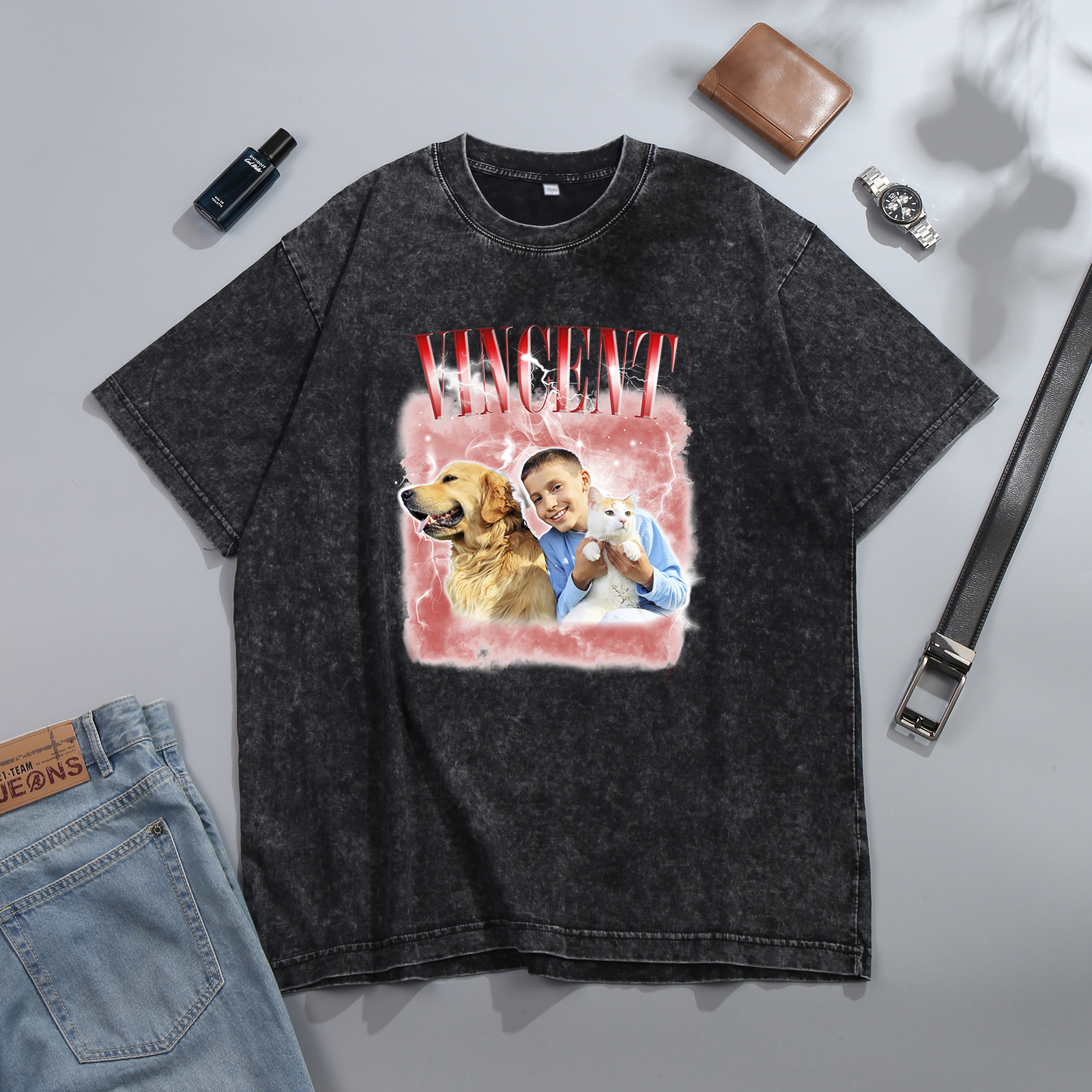 [Copy]Personalized 1 Name & 1 Photo T-Shirt Custom Pet Short Sleeve Gifts for Him