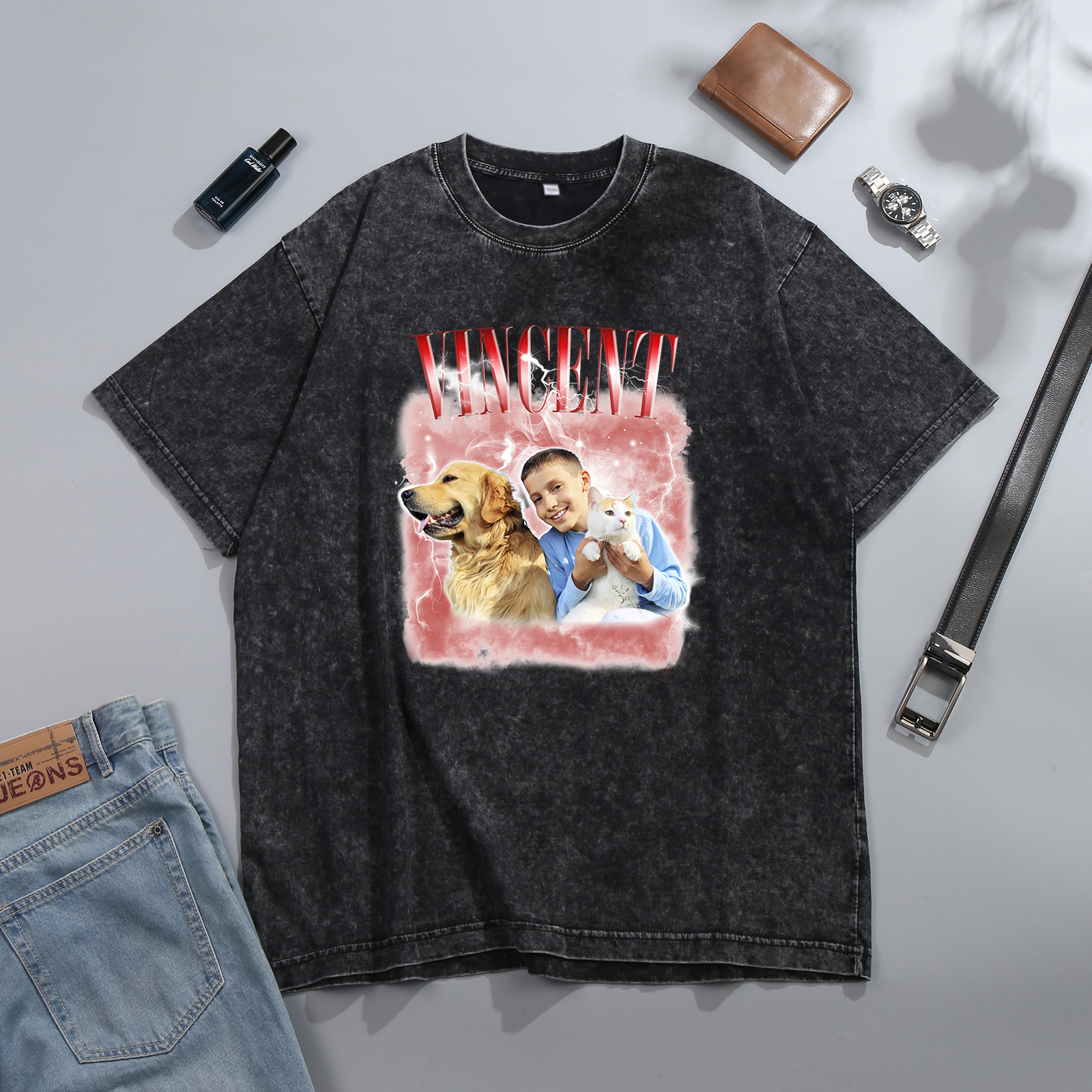 [Copy]Personalized 1 Name & 1 Photo T-Shirt Custom Pet Short Sleeve Gifts for Him