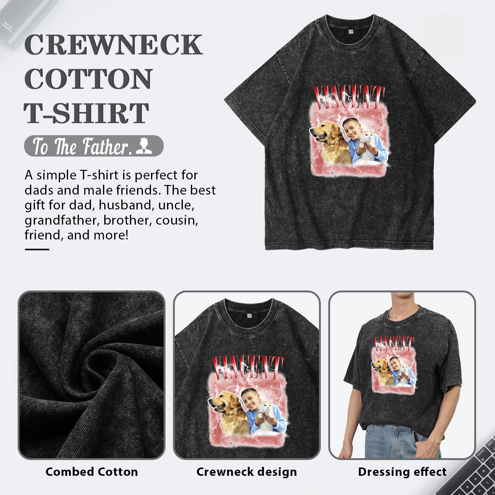 [Copy]Personalized 1 Name & 1 Photo T-Shirt Custom Pet Short Sleeve Gifts for Him