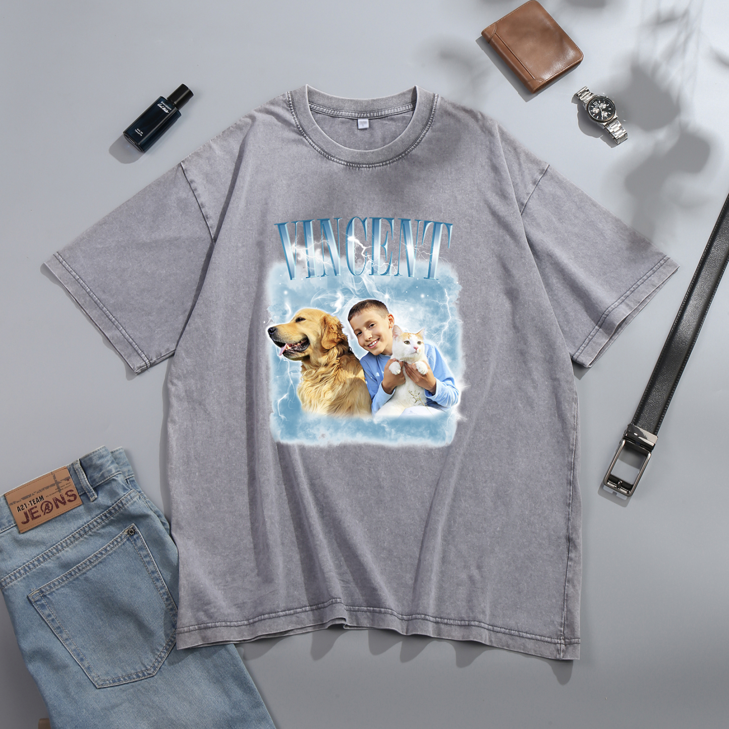 [Copy]Personalized 1 Name & 1 Photo T-Shirt Custom Pet Short Sleeve Gifts for Him