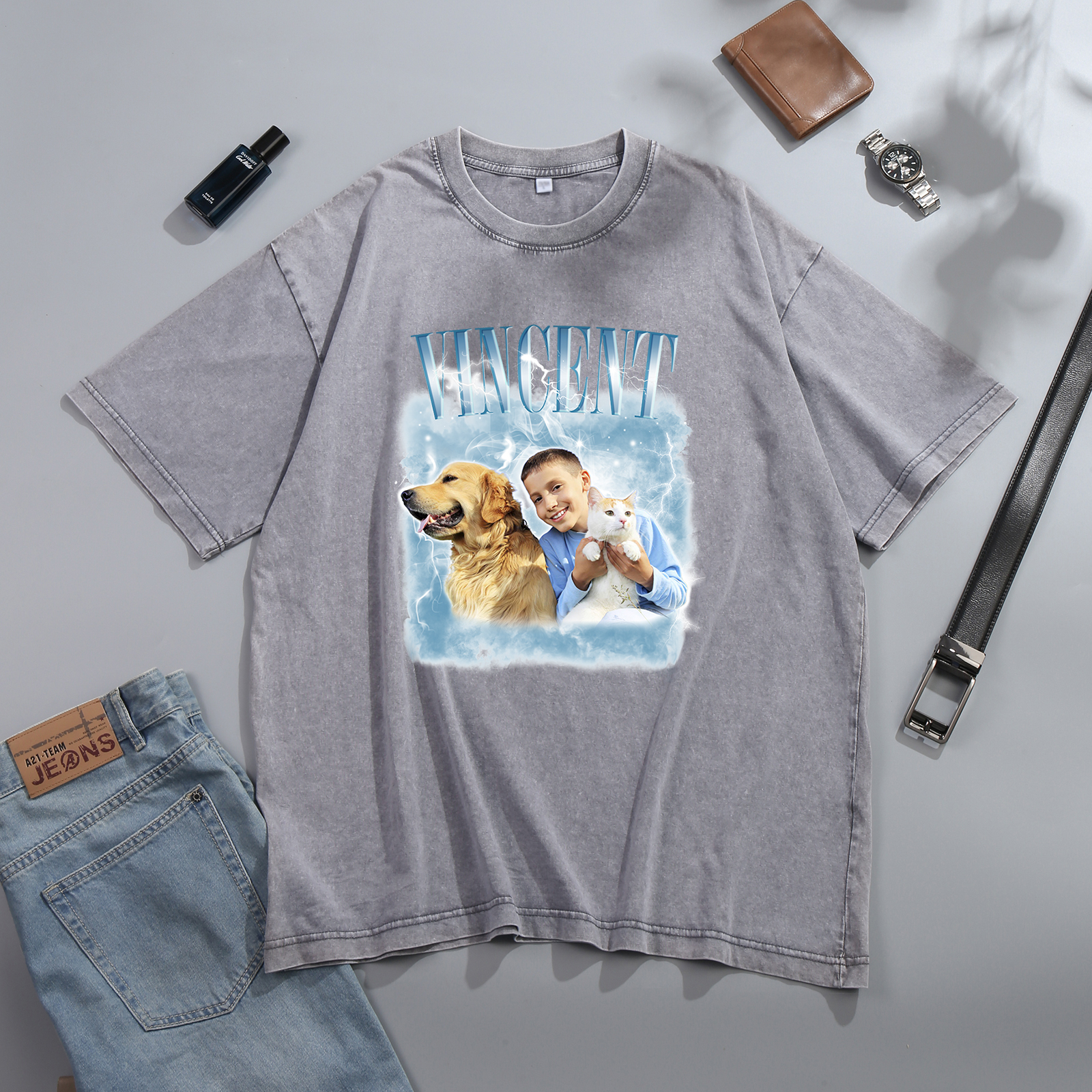 [Copy]Personalized 1 Name & 1 Photo T-Shirt Custom Pet Short Sleeve Gifts for Him