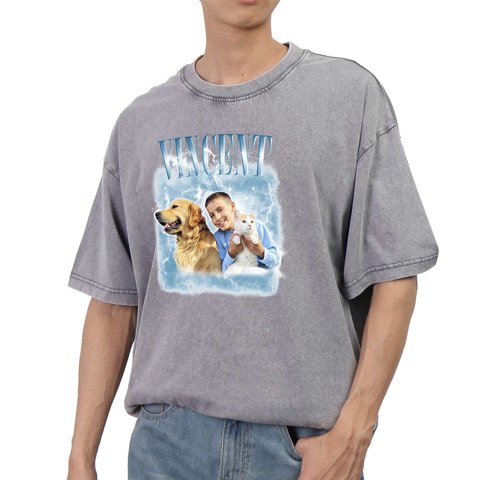 [Copy]Personalized 1 Name & 1 Photo T-Shirt Custom Pet Short Sleeve Gifts for Him