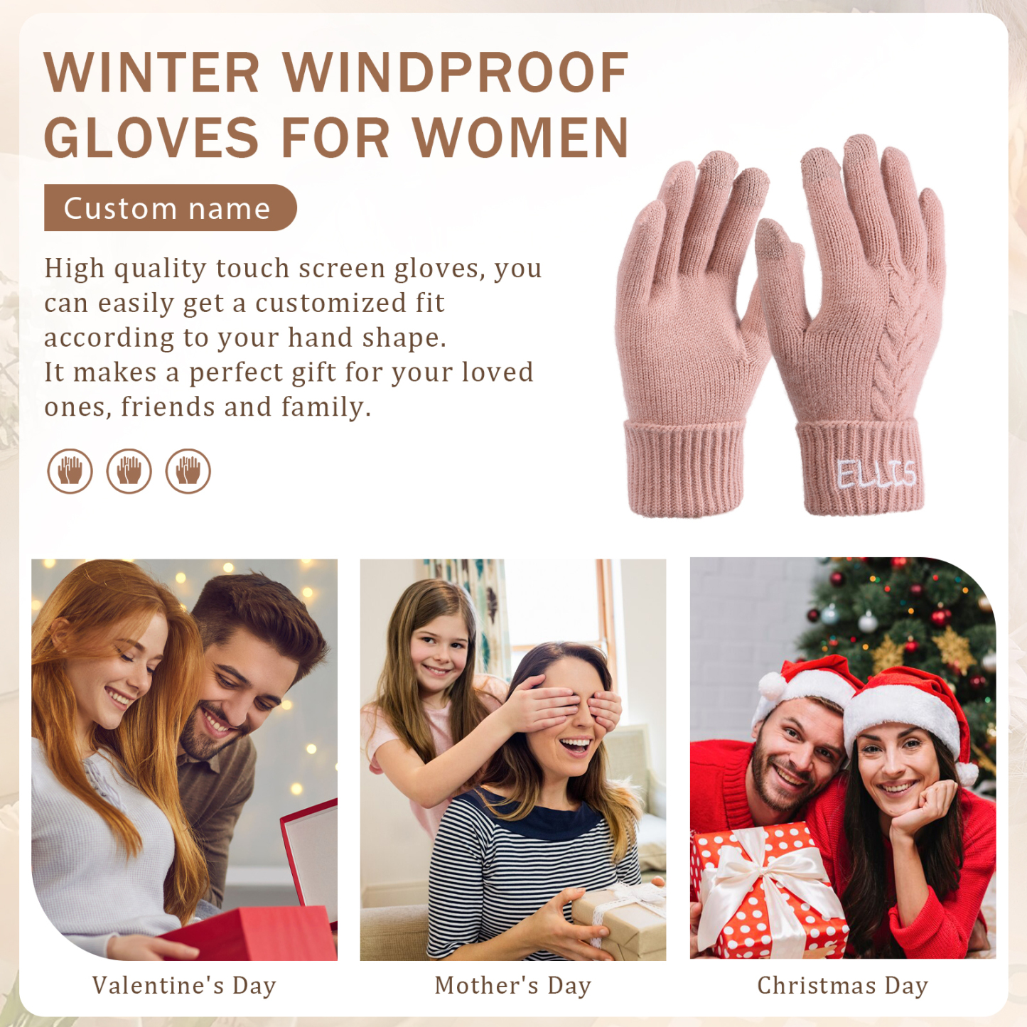 Personalized Winter Knit Gloves Thoughtful Custom Gift in Pink or Gray for Her or Him