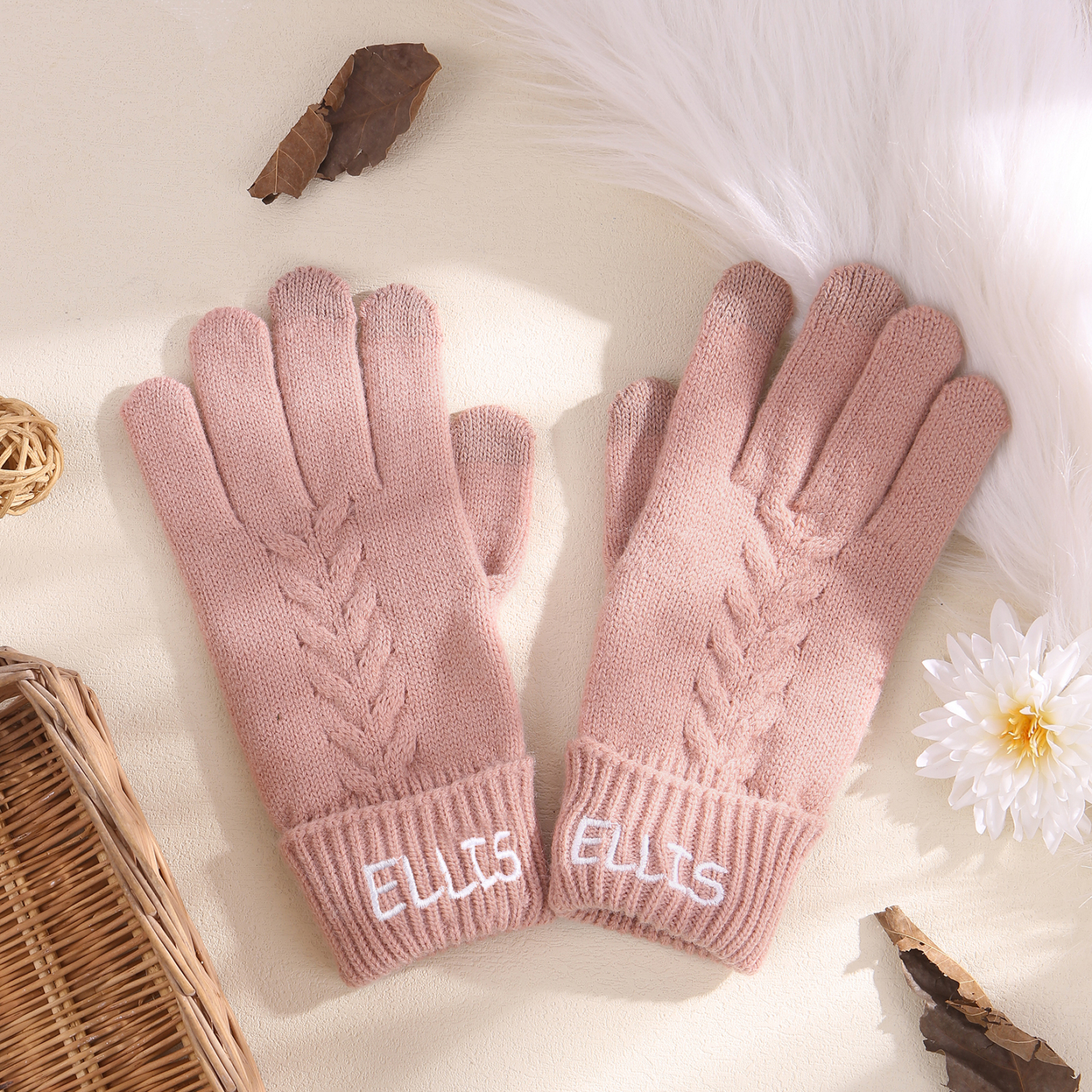 Personalized Winter Knit Gloves Thoughtful Custom Gift in Pink or Gray for Her or Him