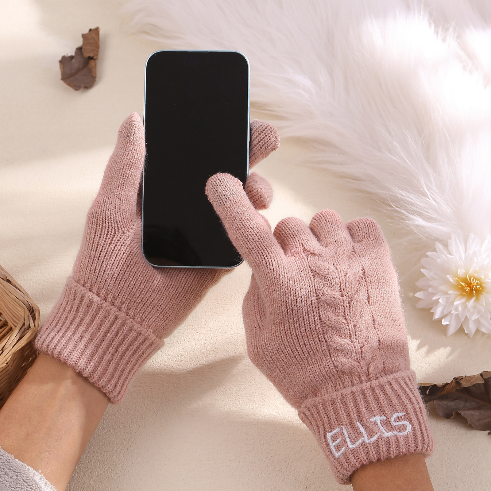 Personalized Winter Knit Gloves Thoughtful Custom Gift in Pink or Gray for Her or Him