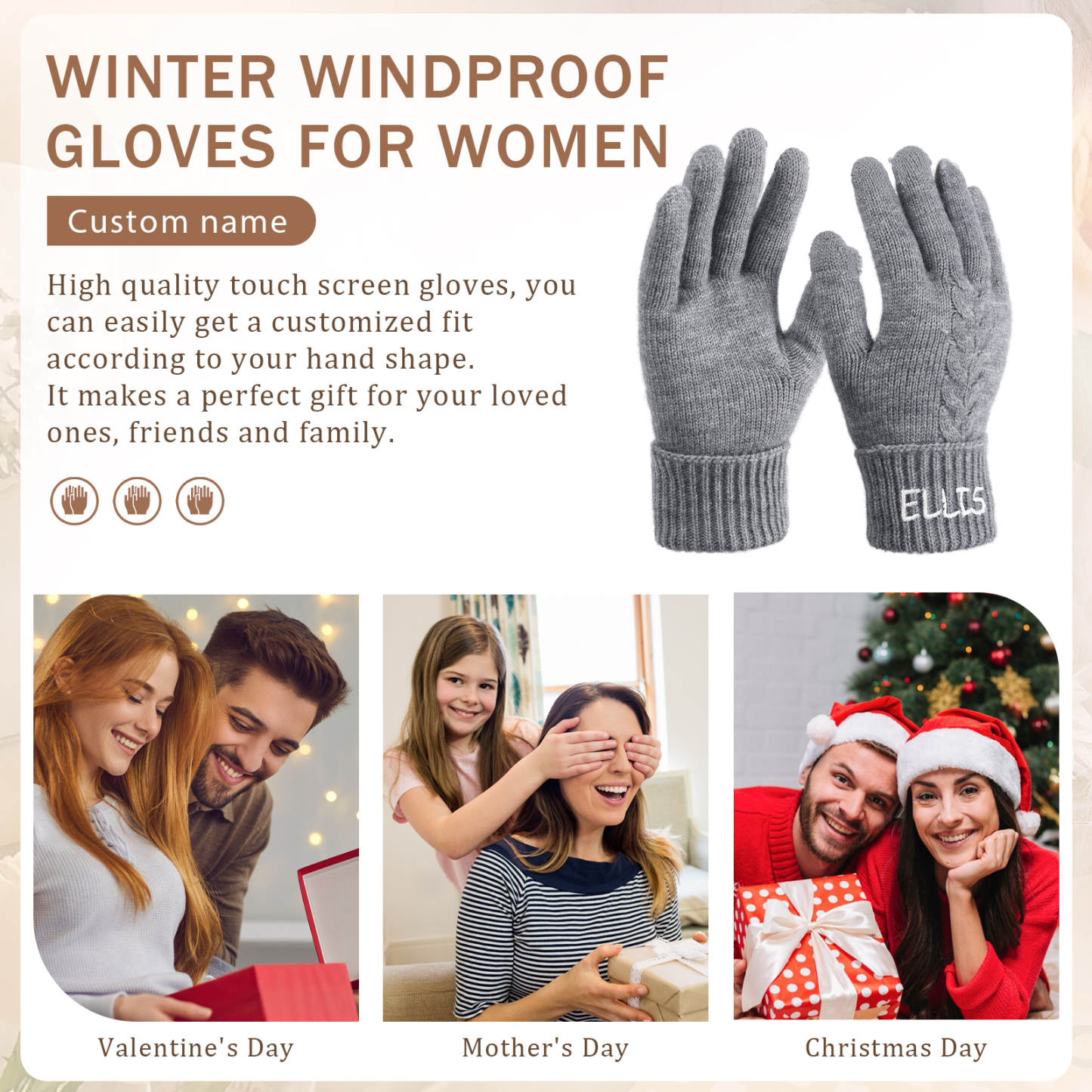 Personalized Winter Knit Gloves Thoughtful Custom Gift in Pink or Gray for Her or Him