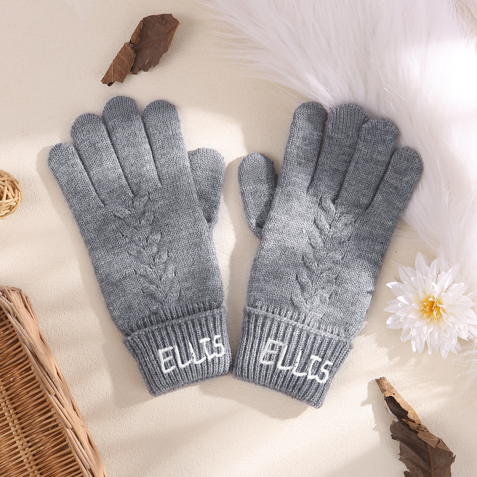 Personalized Winter Knit Gloves Thoughtful Custom Gift in Pink or Gray for Her or Him