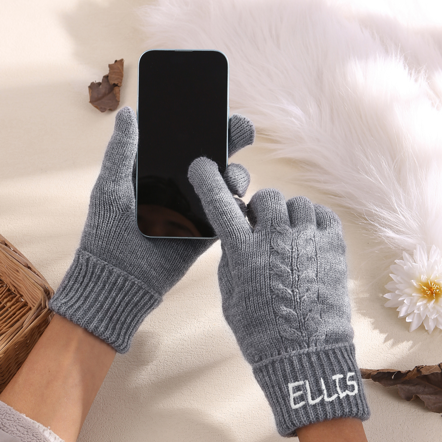 Personalized Winter Knit Gloves Thoughtful Custom Gift in Pink or Gray for Her or Him