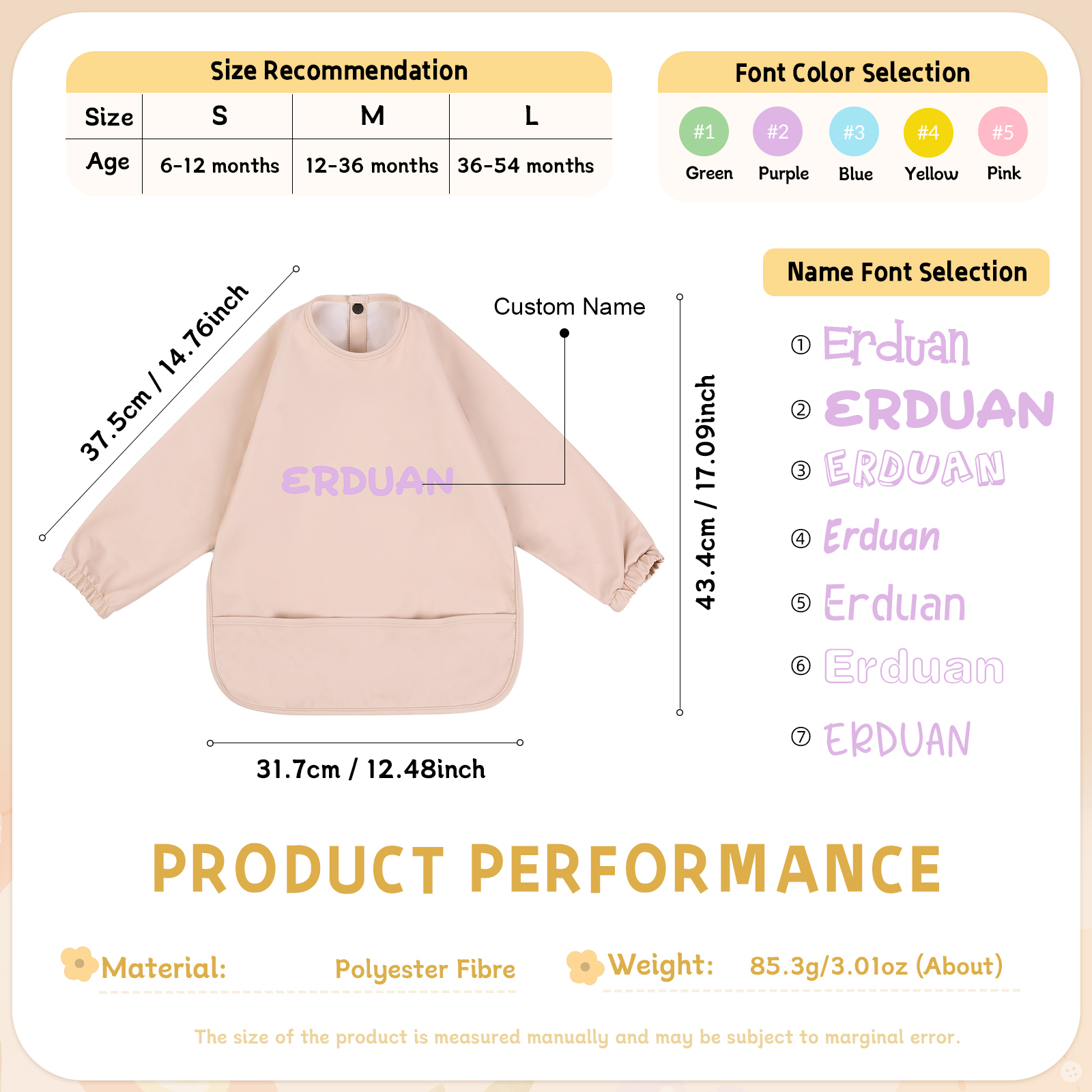 Personalized Baby Bibs Waterproof PU Feeding Bibs with Long Sleeves La