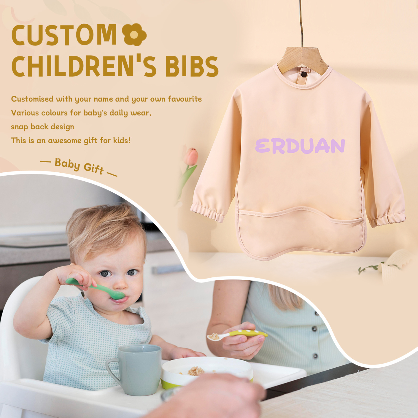 Personalized Baby Bibs Waterproof PU Feeding Bibs with Long Sleeves Large Pocket Gift for Her