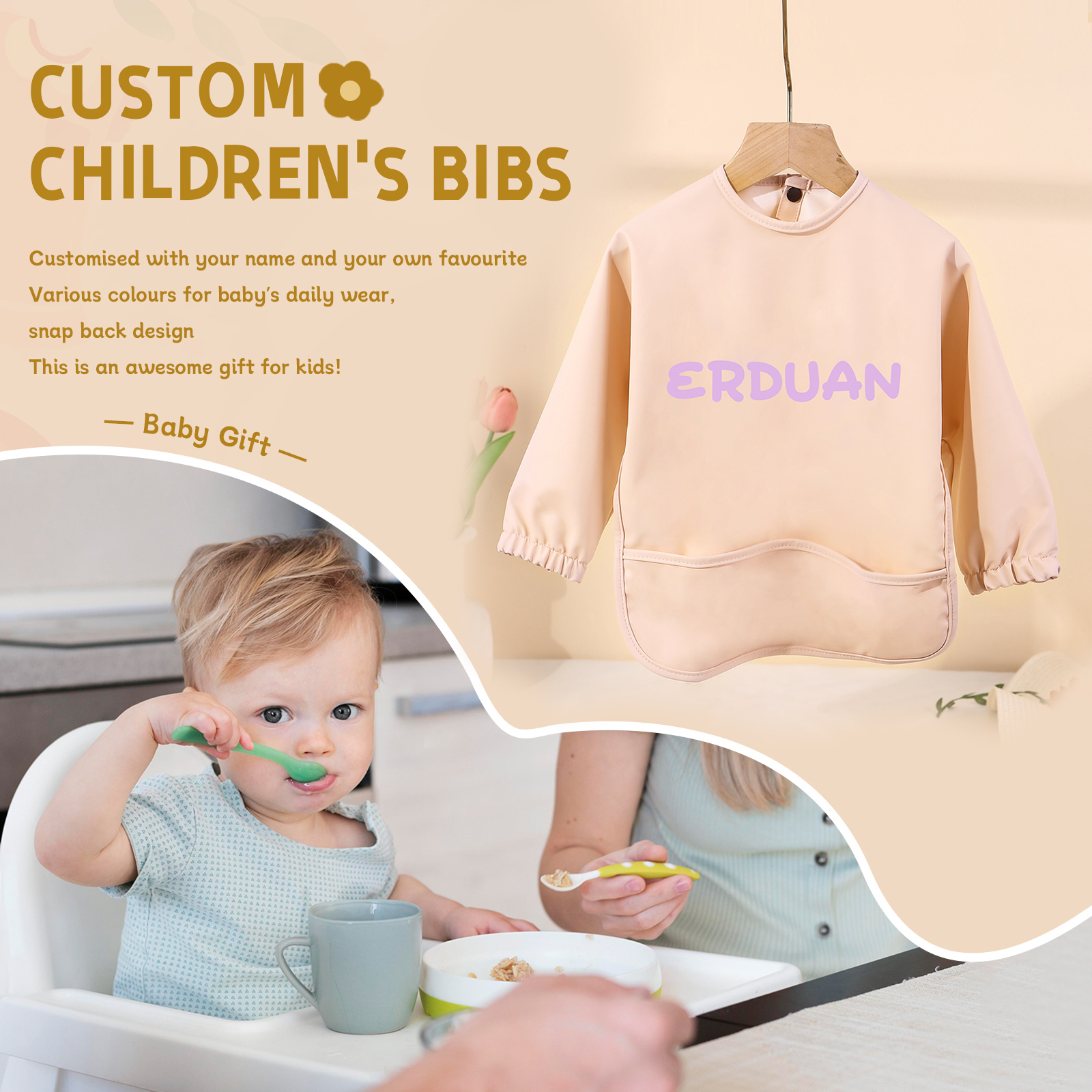 Personalized Baby Bibs Waterproof PU Feeding Bibs with Long Sleeves Large Pocket Gift for Her