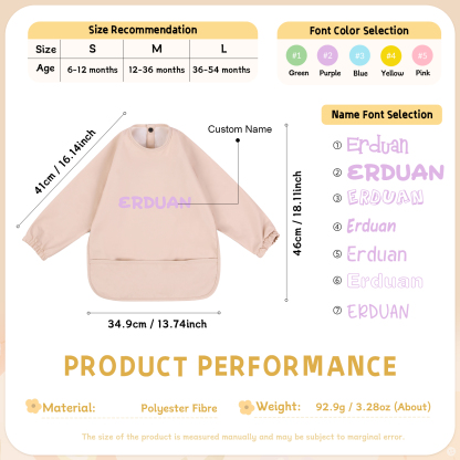 Personalized Baby Bibs Waterproof PU Feeding Bibs with Long Sleeves Large Pocket Gift for Her