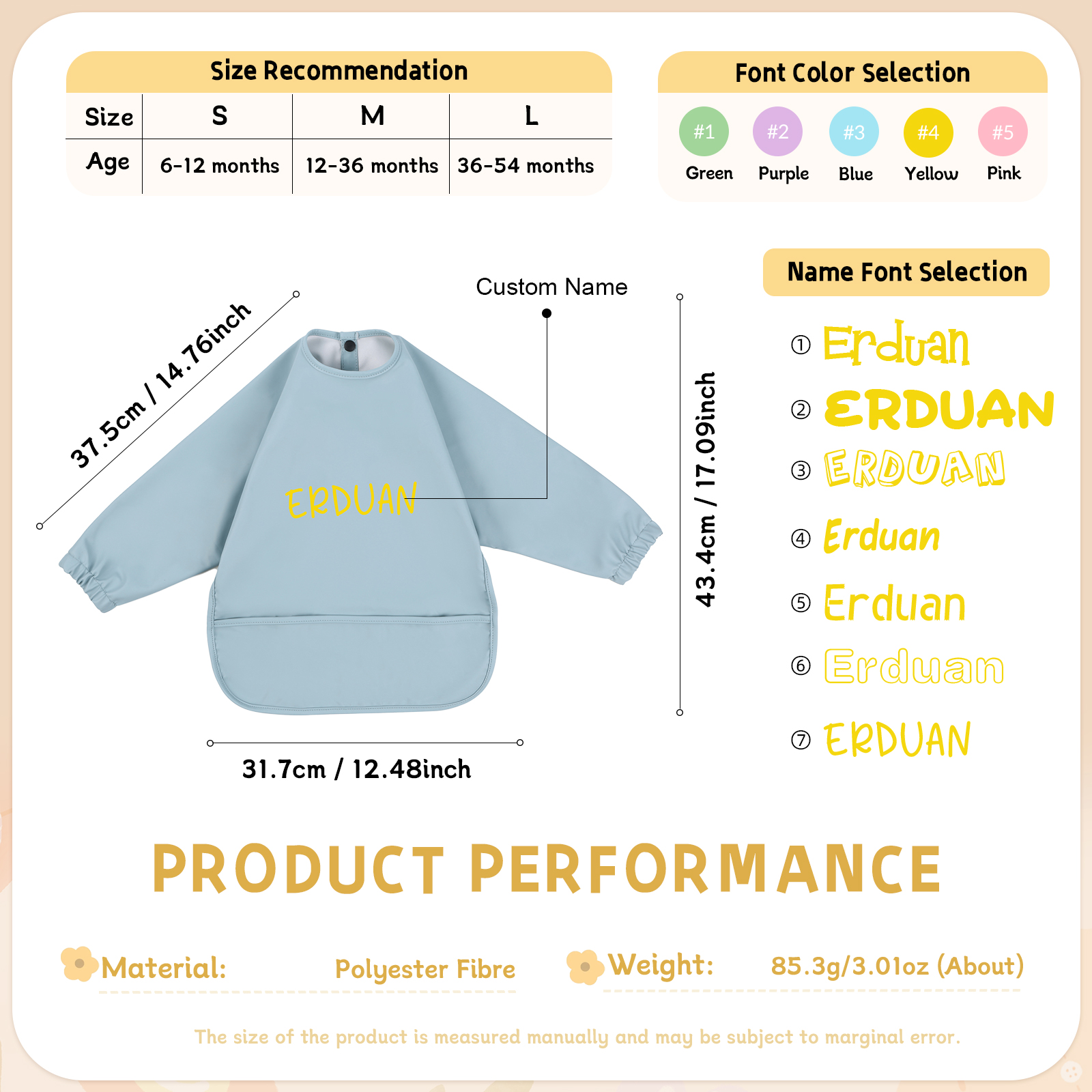 Personalized Baby Bibs Waterproof PU Feeding Bibs with Long Sleeves Large Pocket Gift for Her