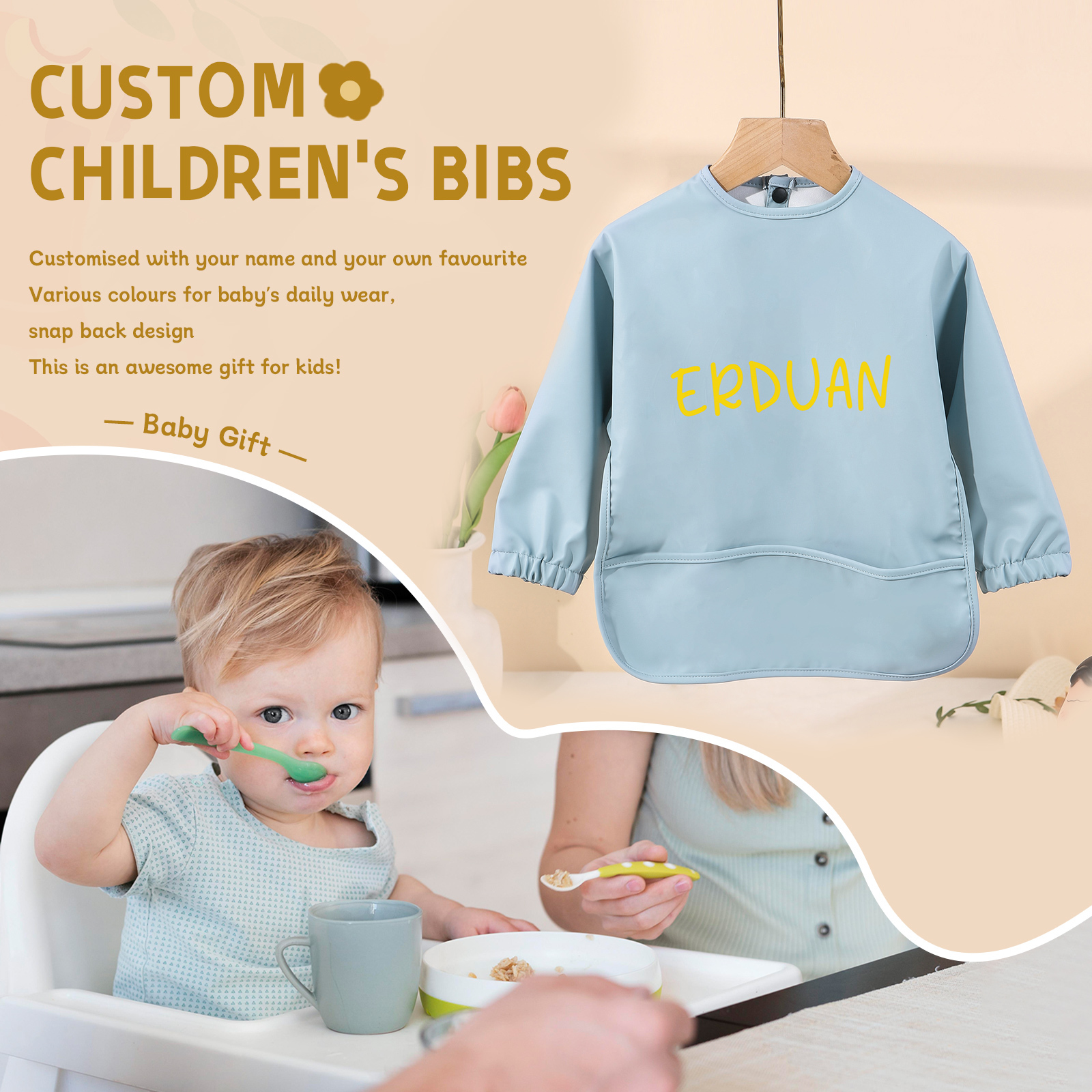 Personalized Baby Bibs Waterproof PU Feeding Bibs with Long Sleeves Large Pocket Gift for Her
