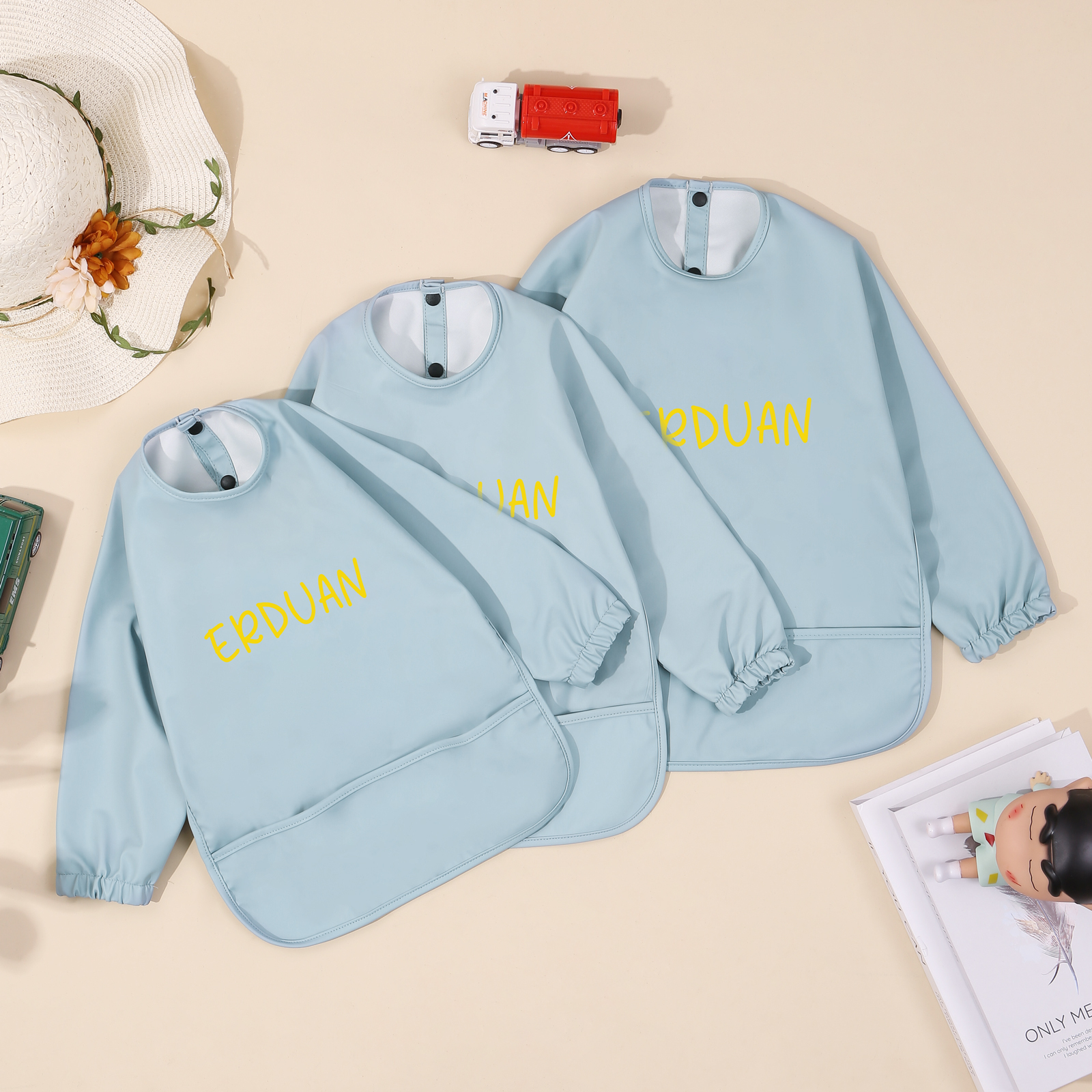 Personalized Baby Bibs Waterproof PU Feeding Bibs with Long Sleeves Large Pocket Gift for Her