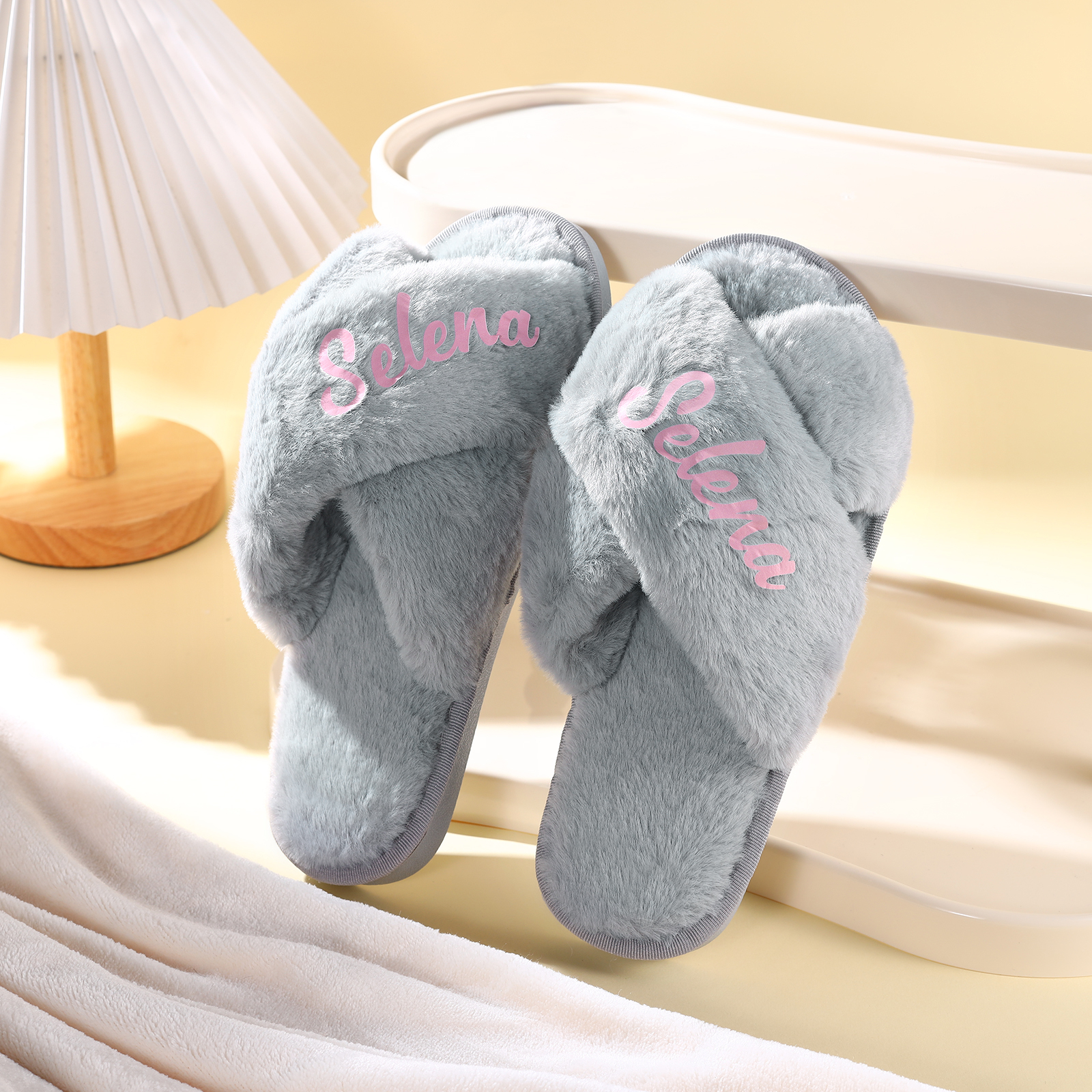 Personalized Soft House Slippers Custom Name Fluffy Slippers Gift for Her