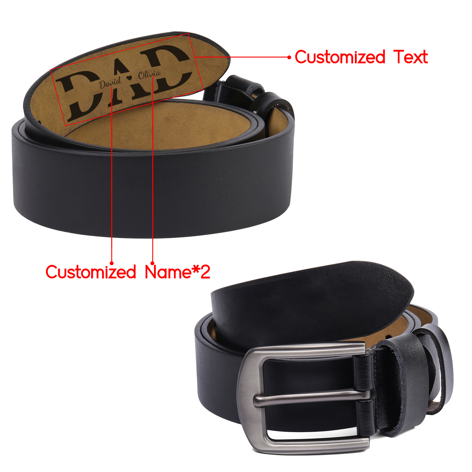 Personalized Leather Belt for Men 2-5 Custom Names Black & Brown Three Length Options