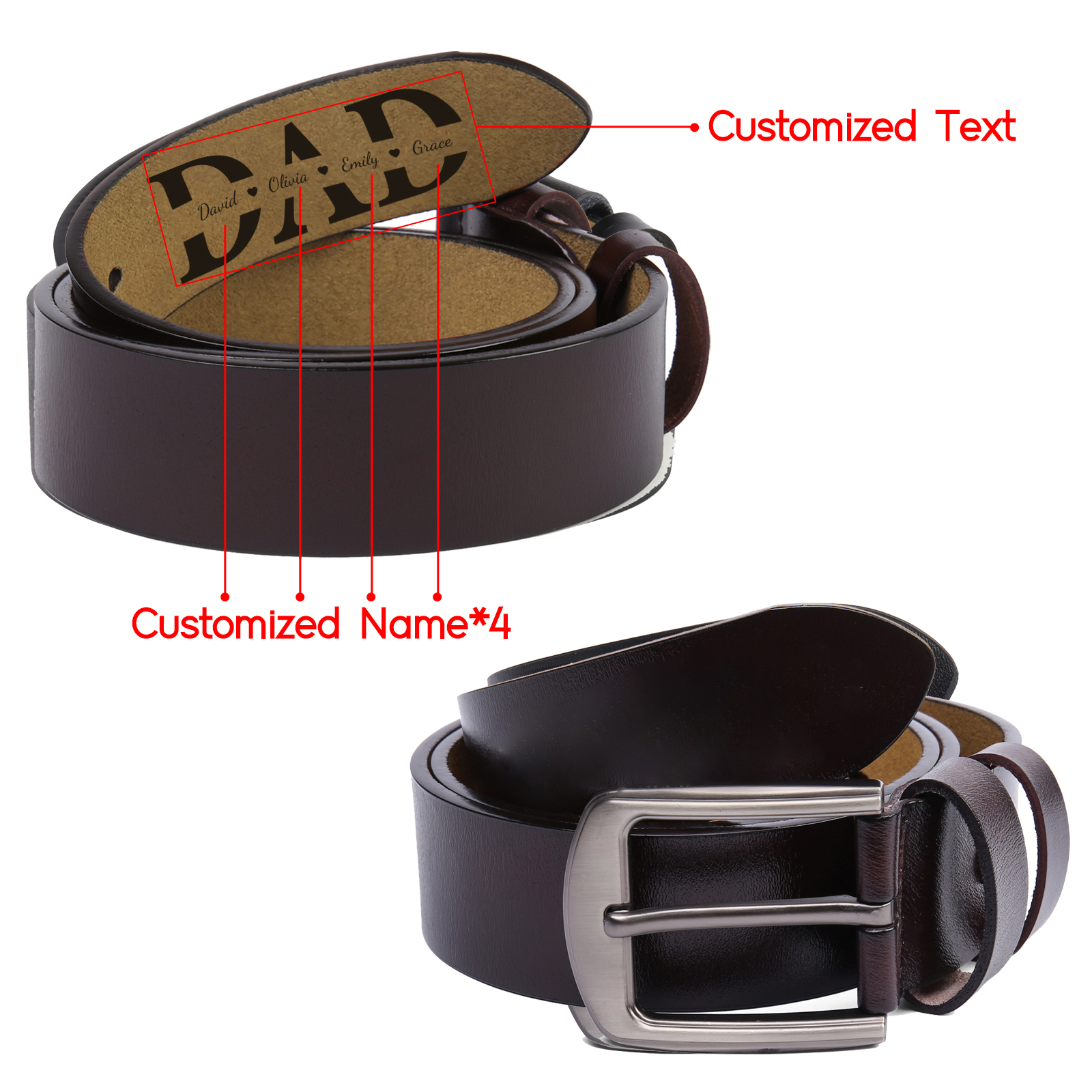 Personalized Leather Belt for Men 2-5 Custom Names Black & Brown Three Length Options