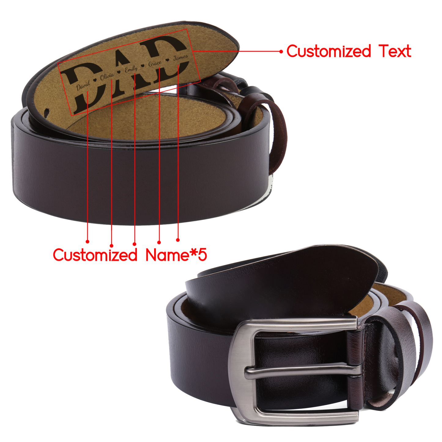 Personalized Leather Belt for Men 2-5 Custom Names Black & Brown Three Length Options