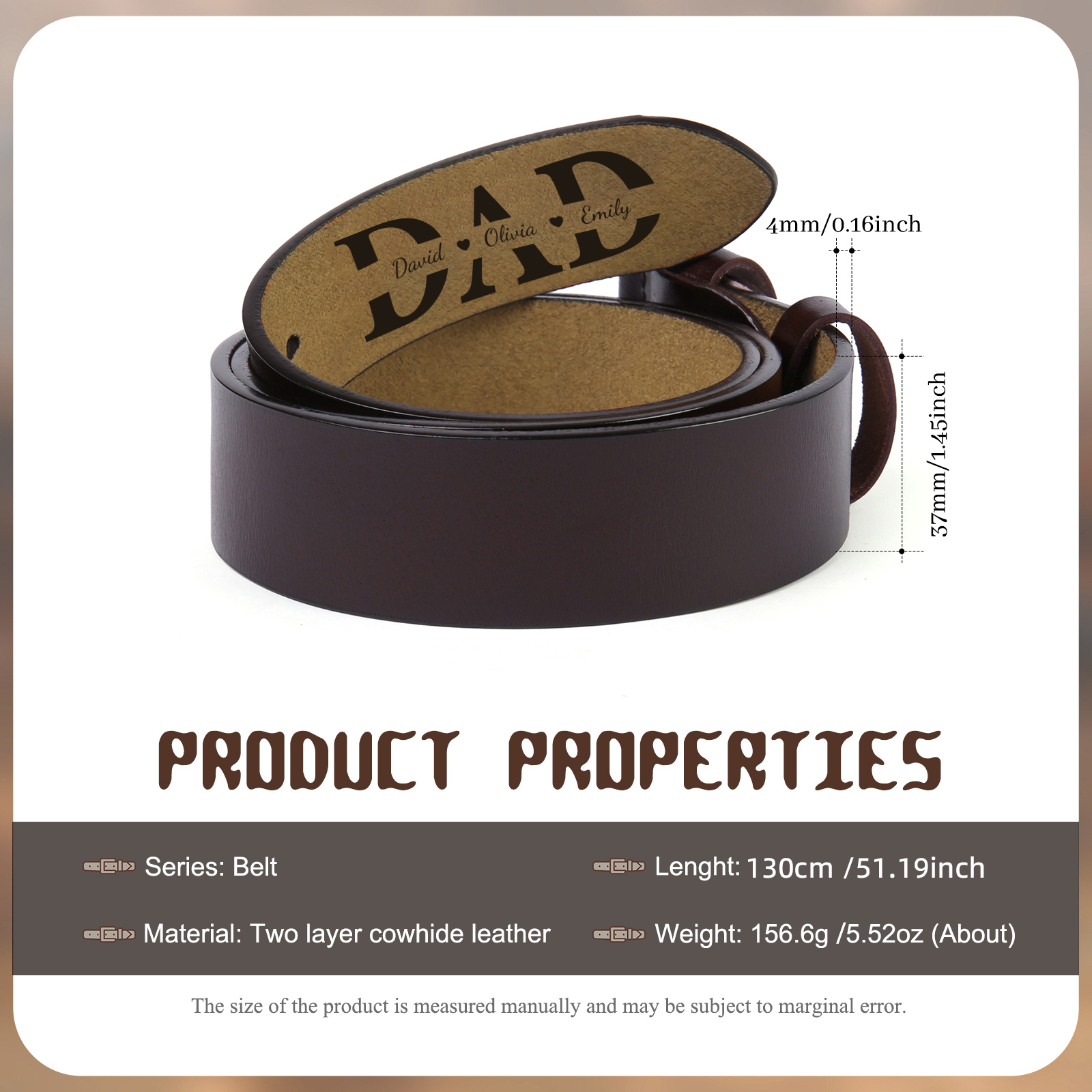 Personalized Leather Belt for Men 2-5 Custom Names Black & Brown Three Length Options