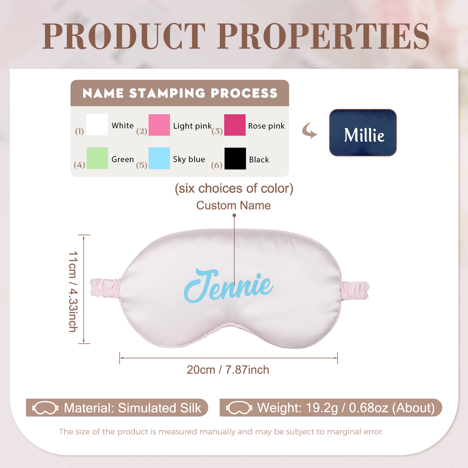 Personalized Light Pink Silk Sleep Mask Elegant Custom Name Eye Mask Six Color Gift for Her
