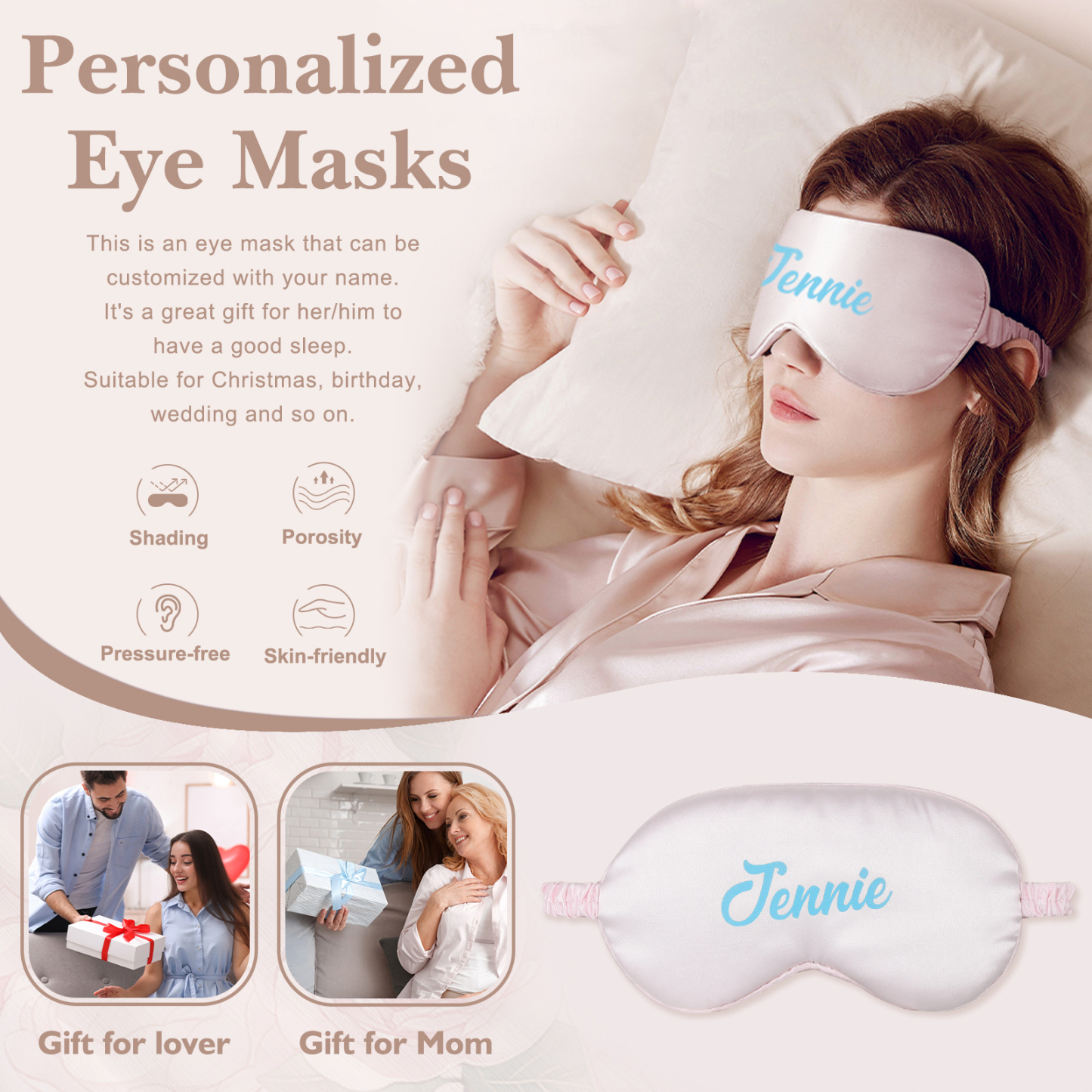 Personalized Light Pink Silk Sleep Mask Elegant Custom Name Eye Mask Six Color Gift for Her