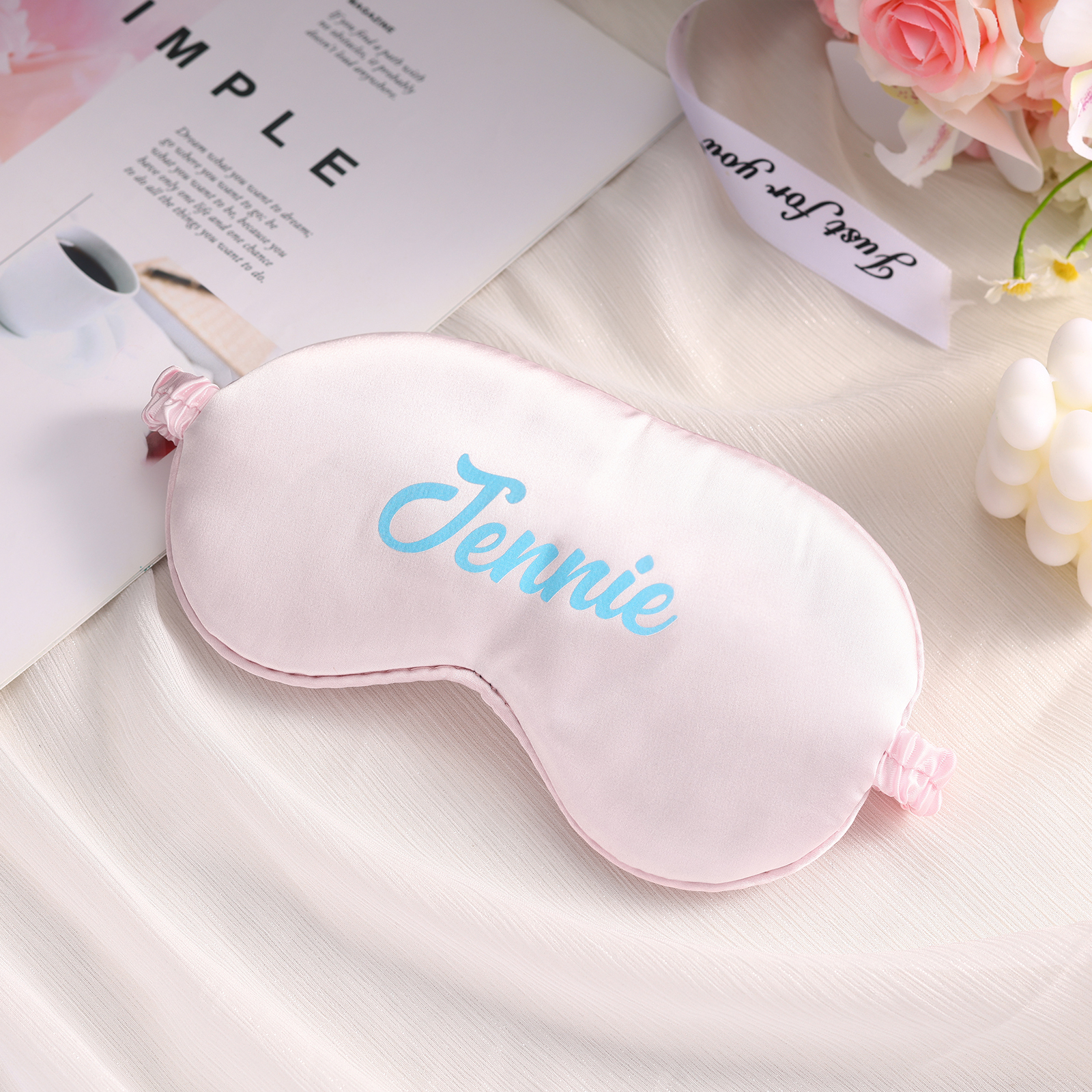Personalized Light Pink Silk Sleep Mask Elegant Custom Name Eye Mask Six Color Gift for Her