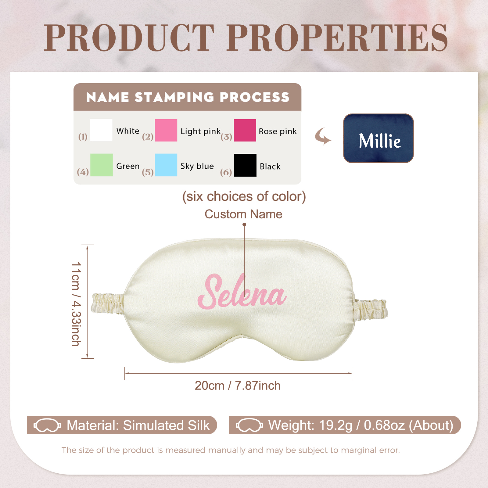 Personalized Light Pink Silk Sleep Mask Elegant Custom Name Eye Mask Six Color Gift for Her