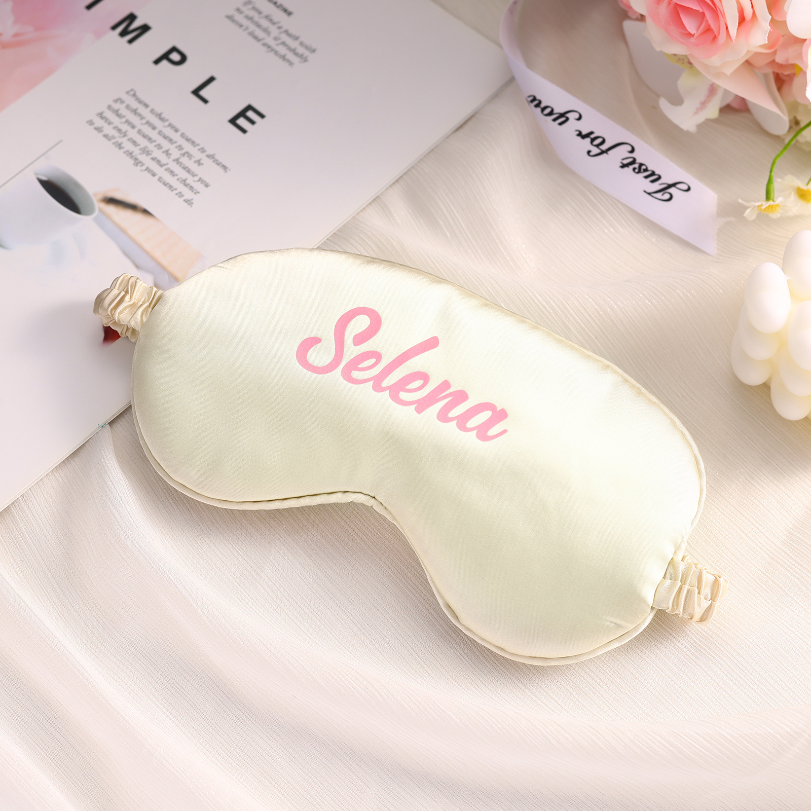 Personalized Light Pink Silk Sleep Mask Elegant Custom Name Eye Mask Six Color Gift for Her