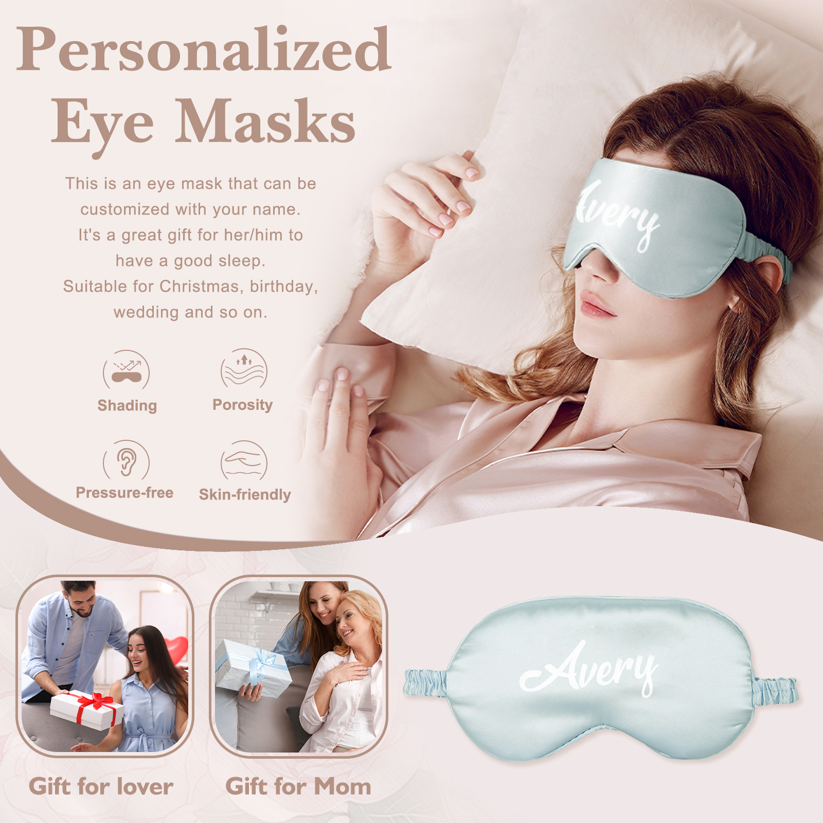 Personalized Light Pink Silk Sleep Mask Elegant Custom Name Eye Mask Six Color Gift for Her